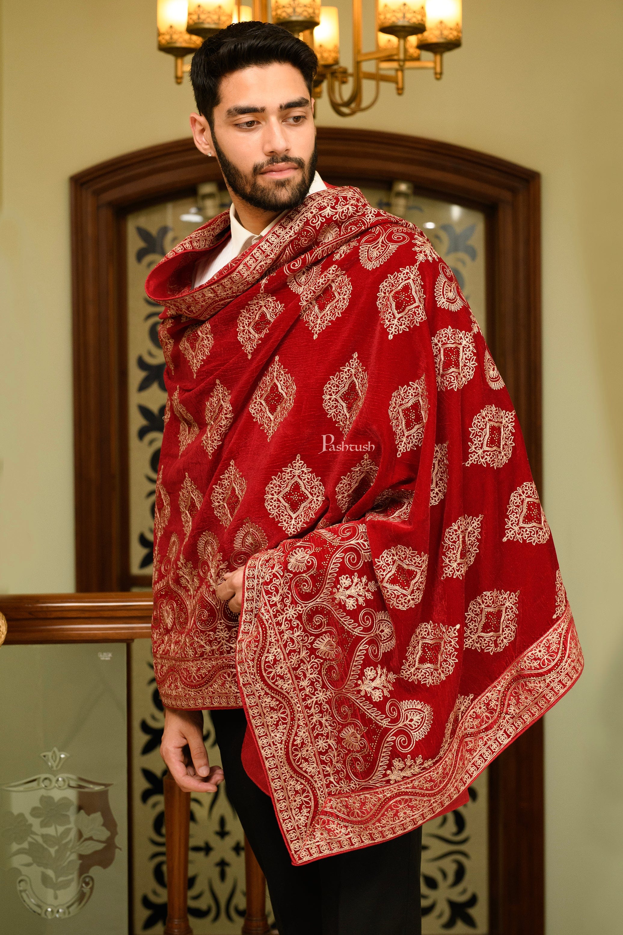 Pashtush Mens Velvet Dupatta, Velvet Stole With Ethnic Embroidery Design, Maroon