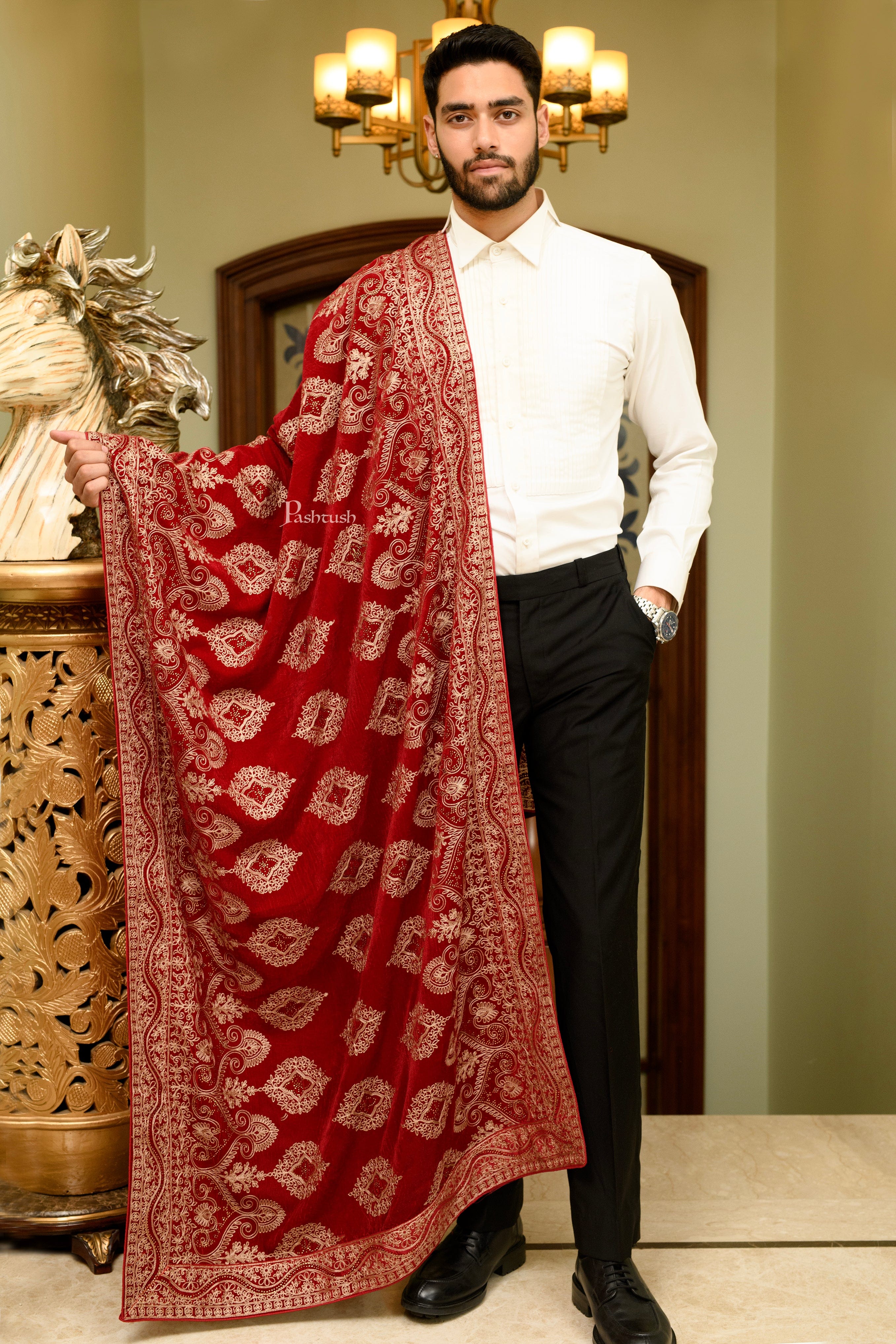 Pashtush Mens Velvet Dupatta, Velvet Stole With Ethnic Embroidery Design, Maroon - Image 2