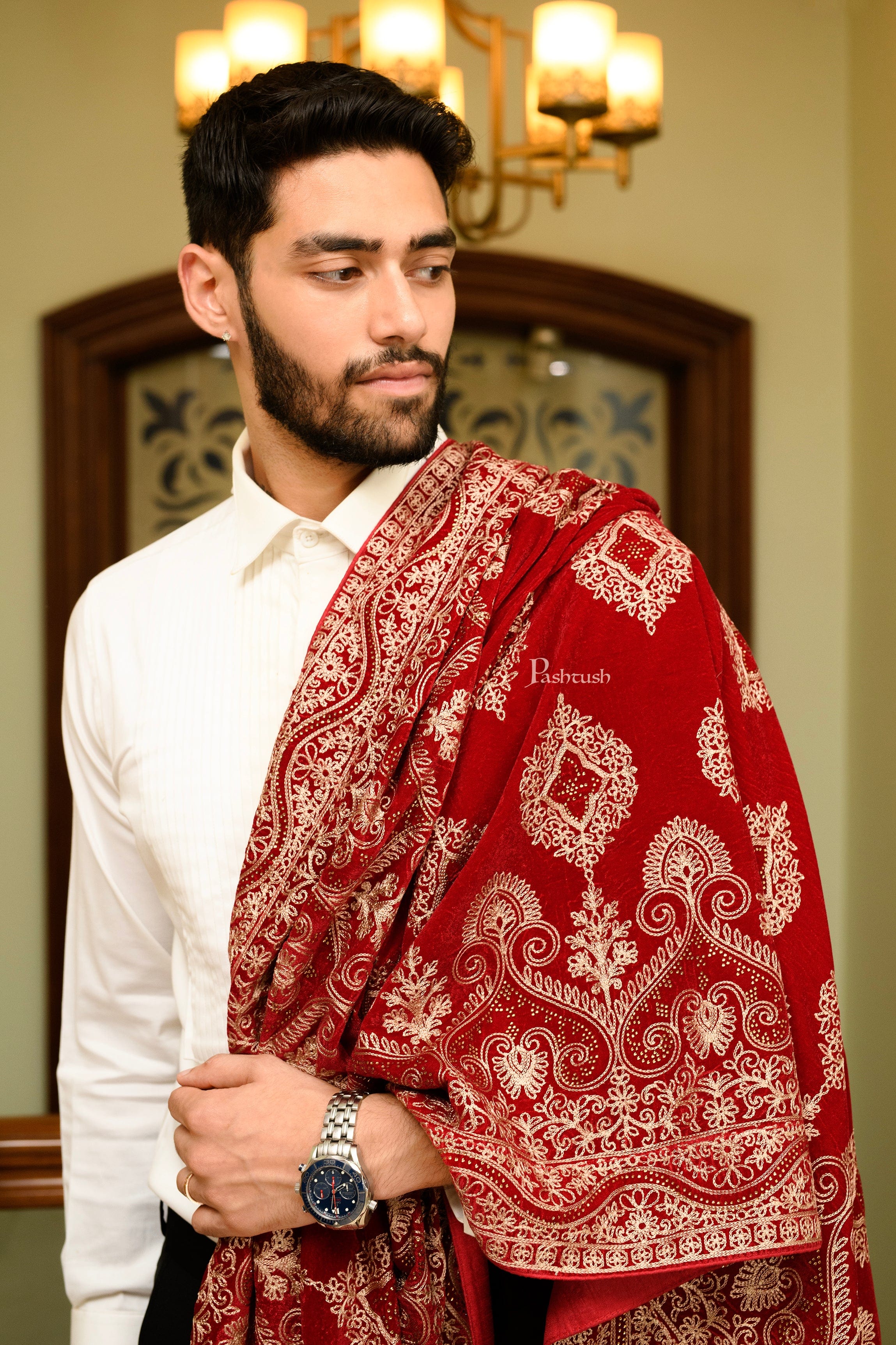 Pashtush Mens Velvet Dupatta, Velvet Stole With Ethnic Embroidery Design, Maroon - Image 3