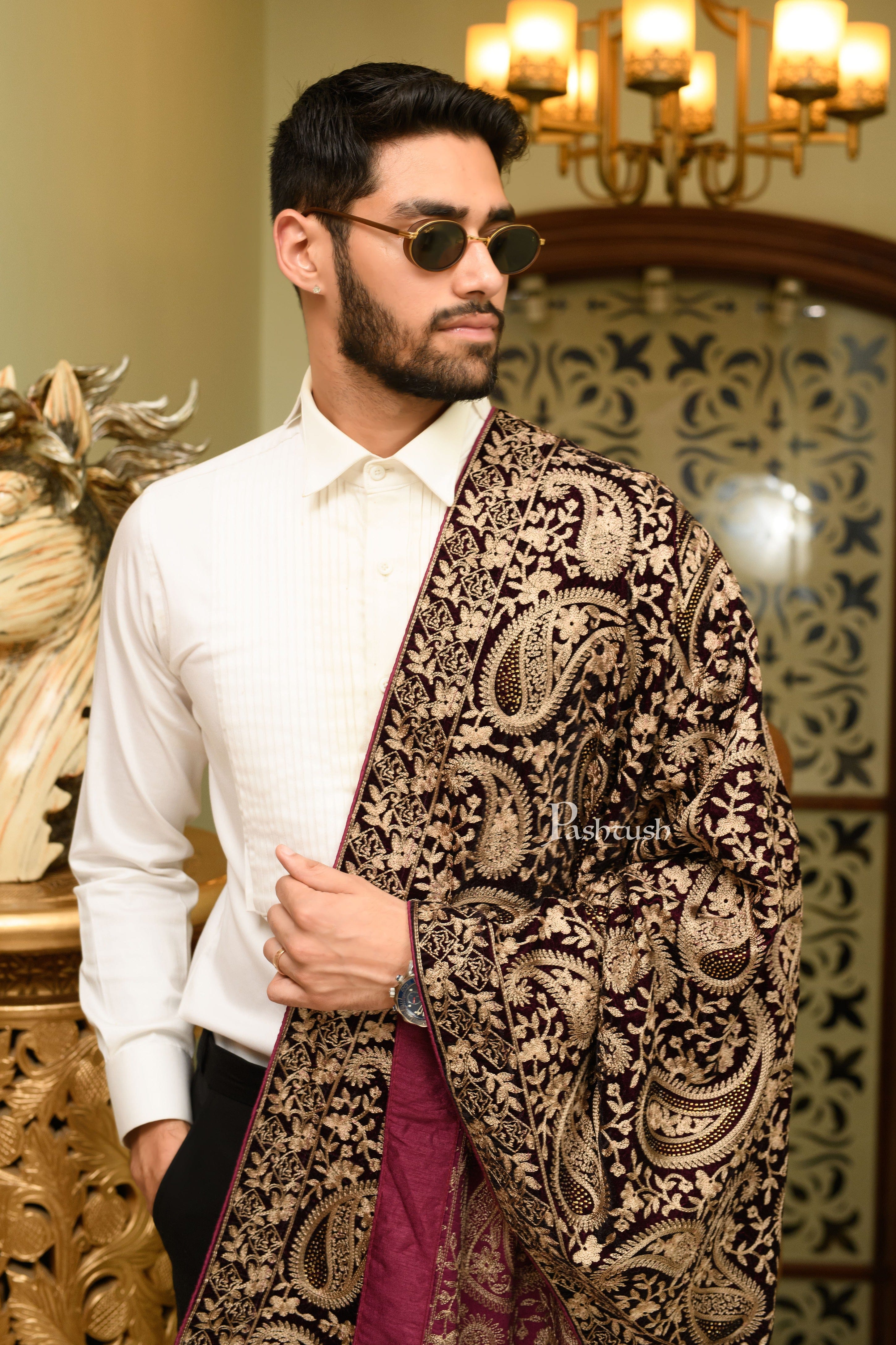 Pashtush Mens Velvet Dupatta, Velvet Stole With Paisley Embroidery Design, Dark Brown