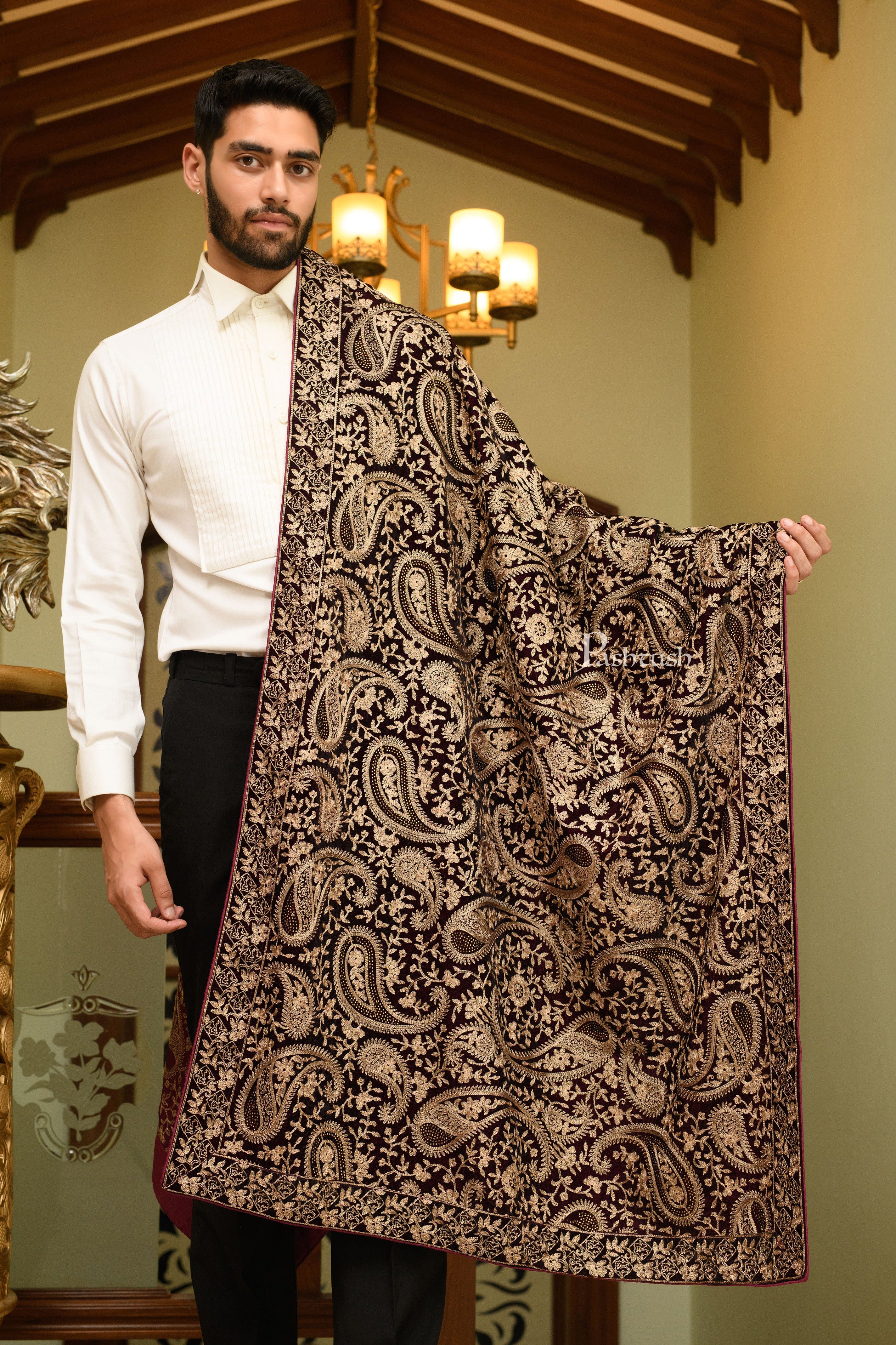 Pashtush Mens Velvet Dupatta, Velvet Stole With Paisley Embroidery Design, Dark Brown - Image 2
