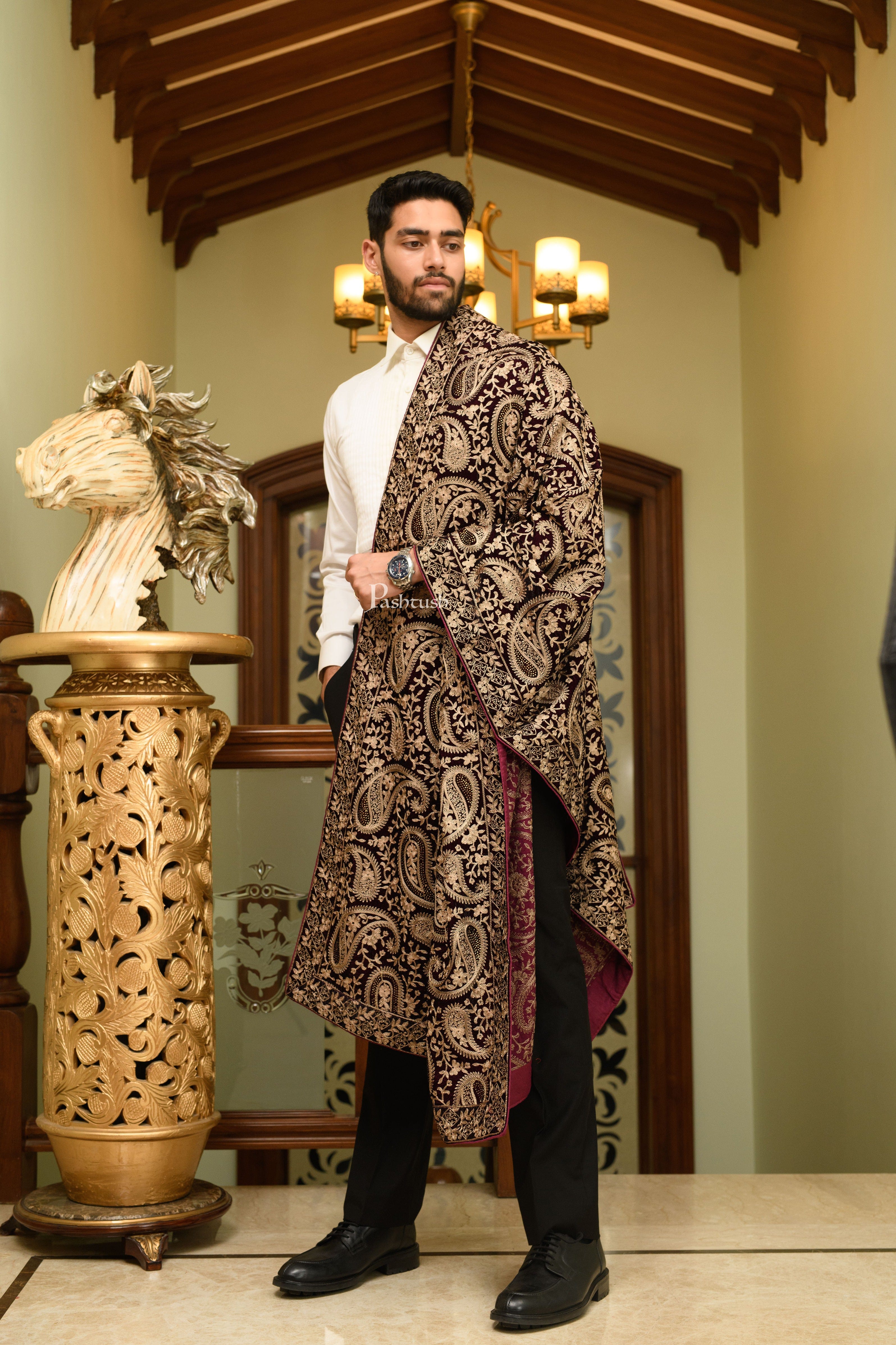 Pashtush Mens Velvet Dupatta, Velvet Stole With Paisley Embroidery Design, Dark Brown - Image 3
