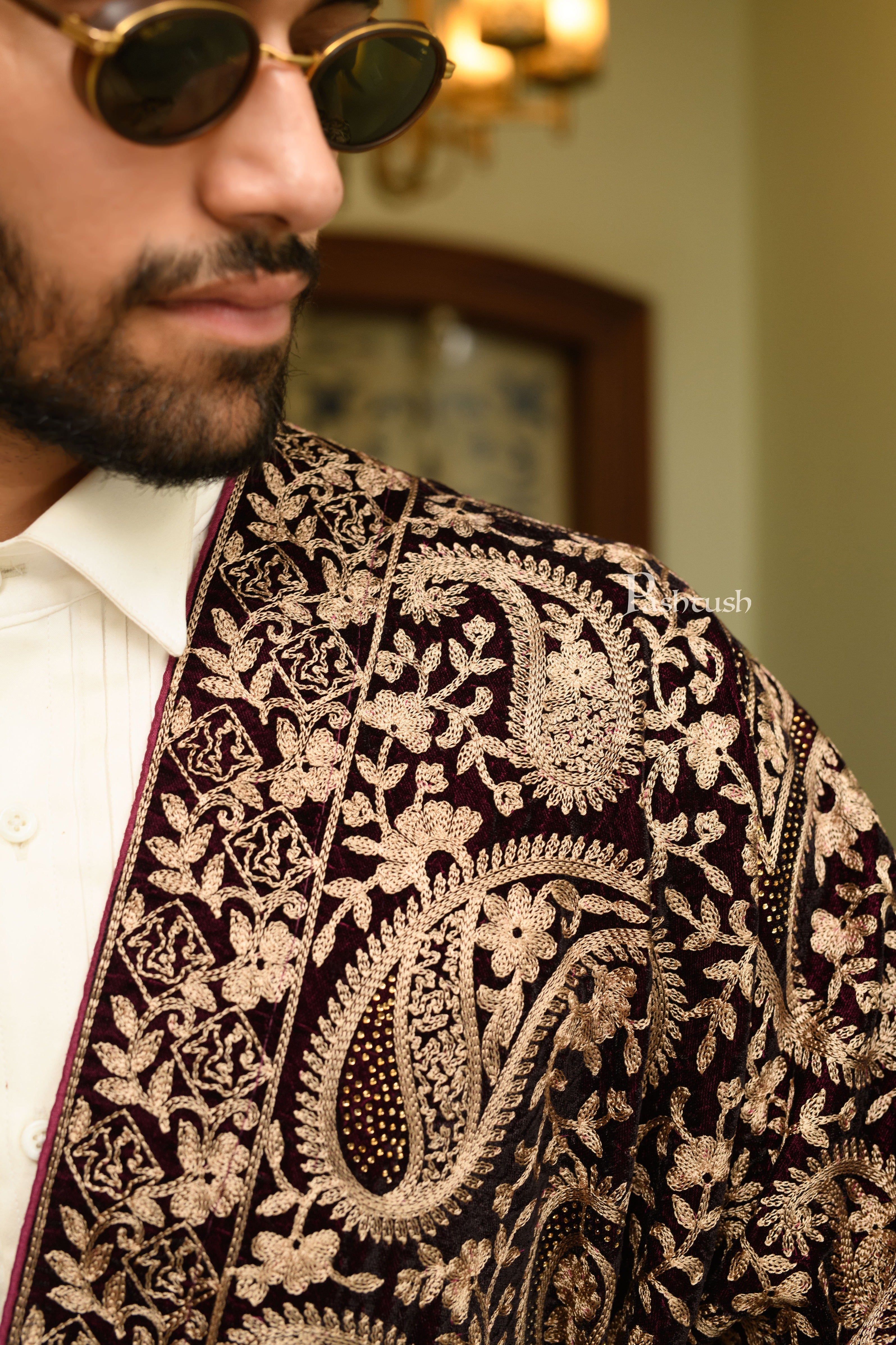 Pashtush Mens Velvet Dupatta, Velvet Stole With Paisley Embroidery Design, Dark Brown - Image 4
