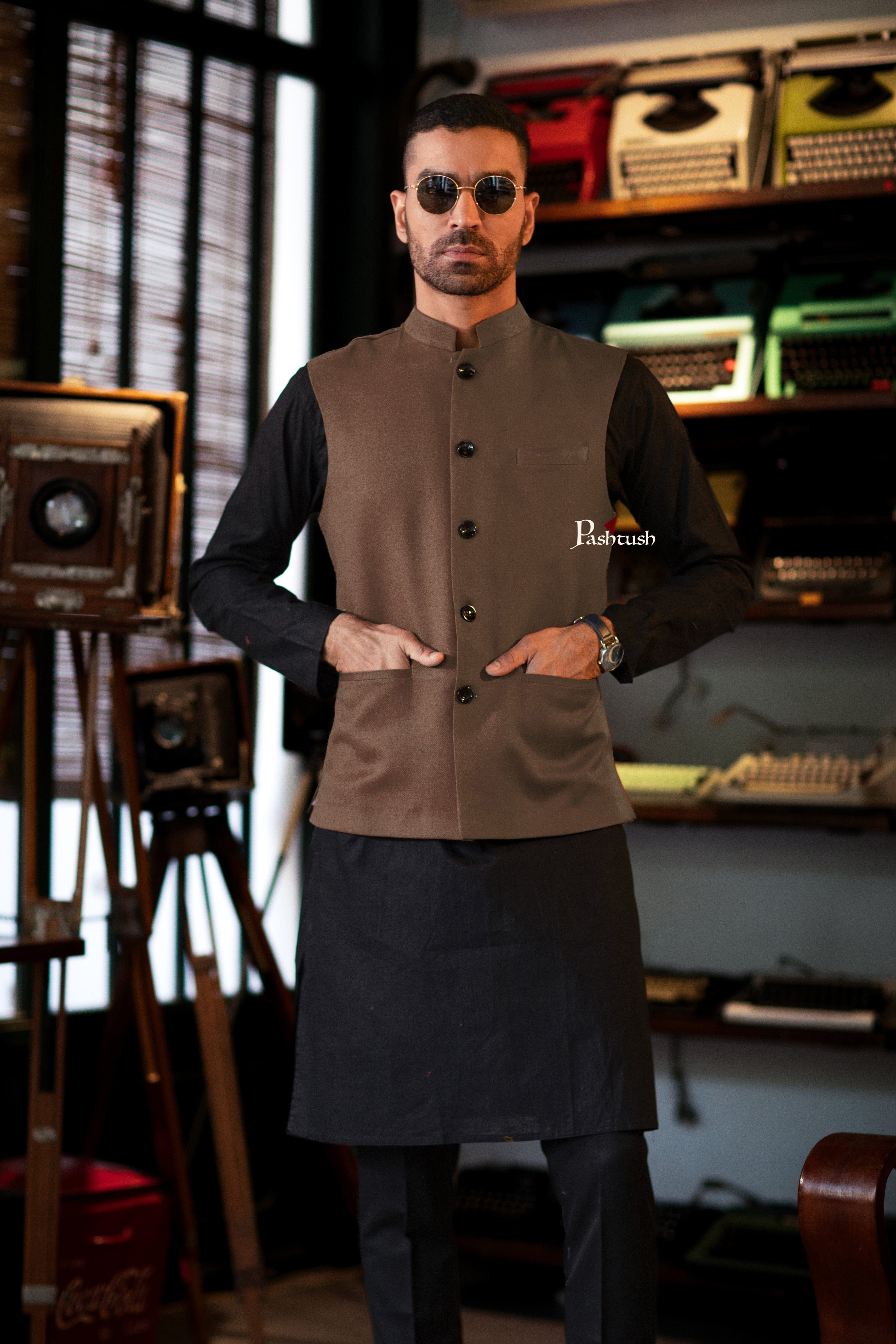 Pashtush Mens Waistcoat, Fine Wool, Taupe - Image 6