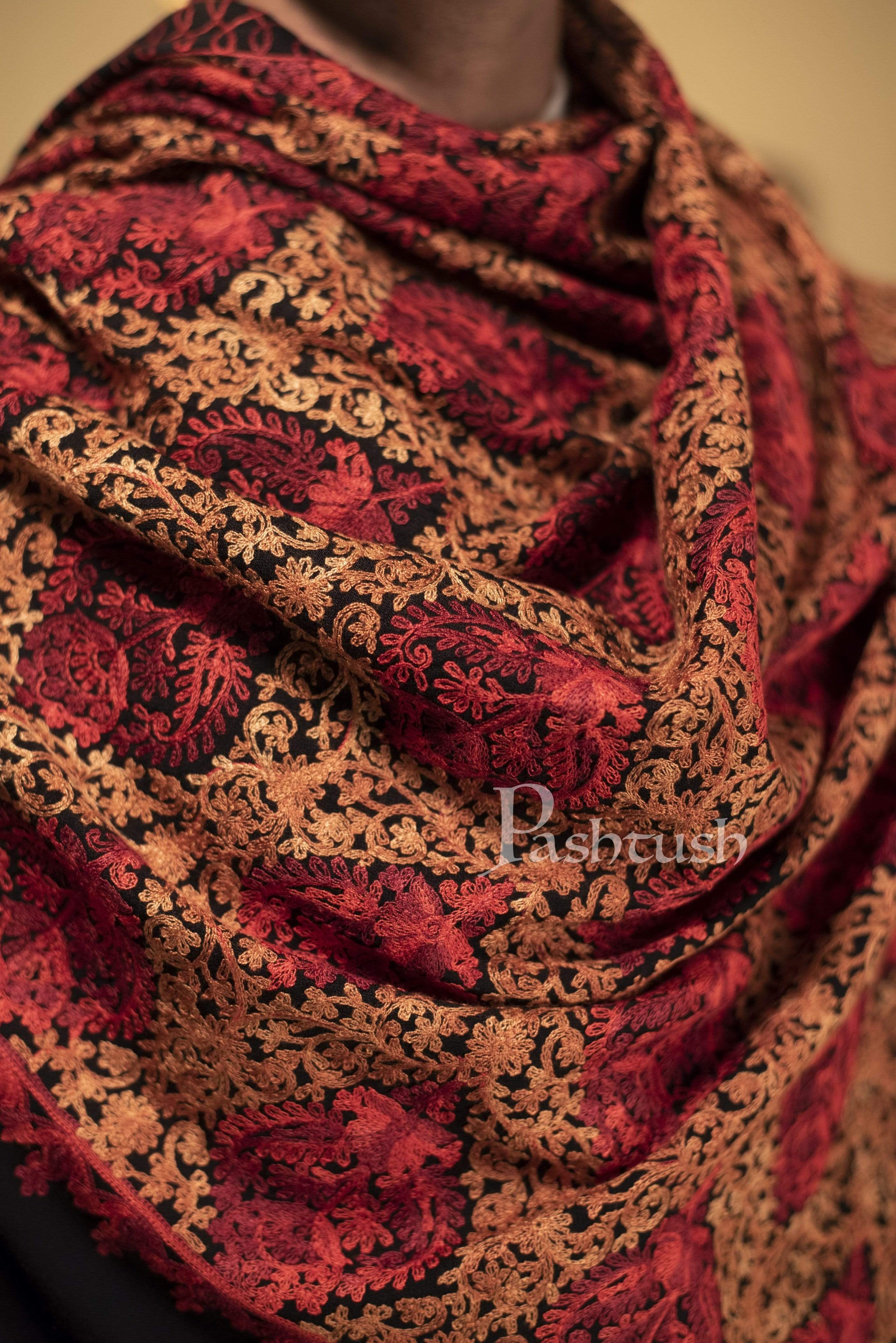 Pashtush Mens Woollen, Aari Embroidery Stole, Black - Image 6