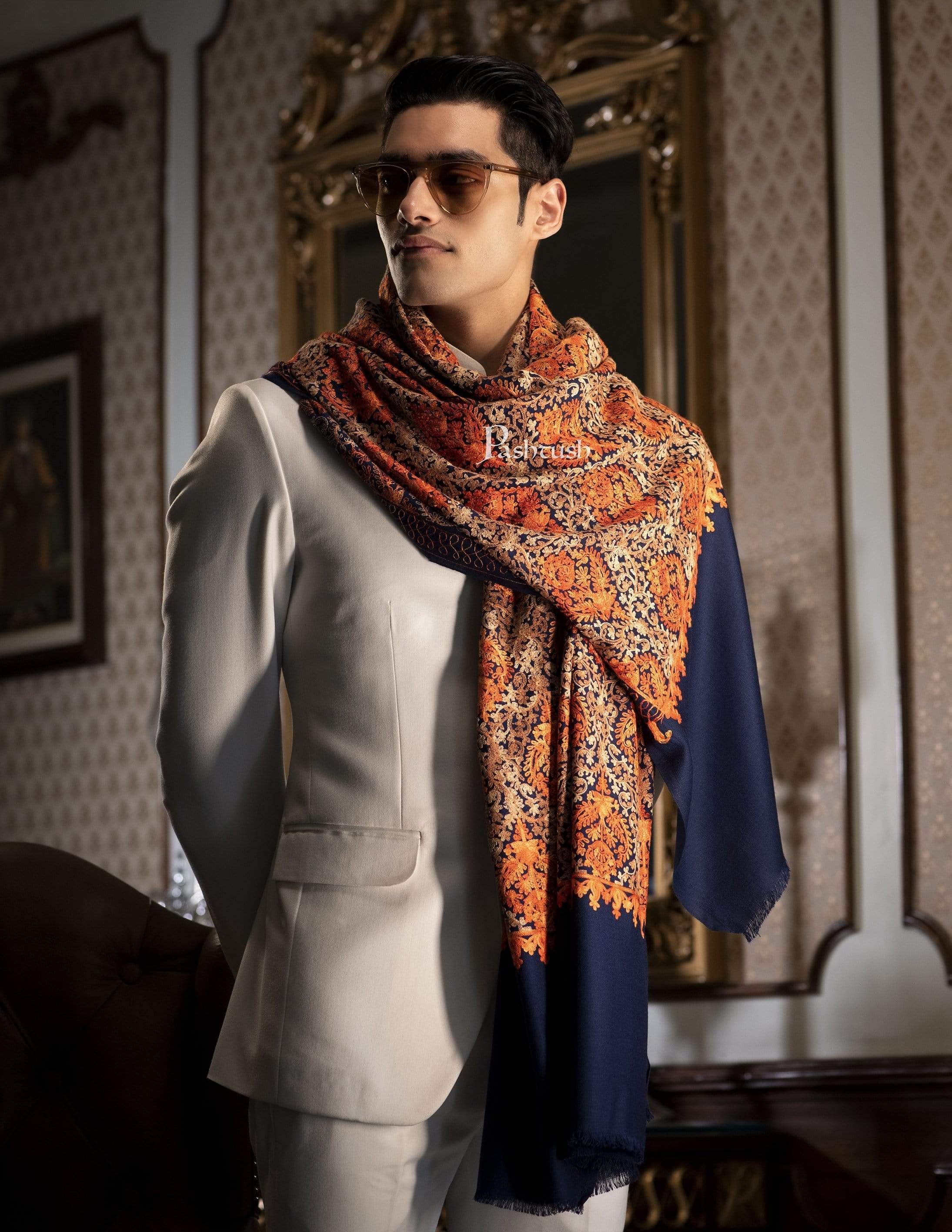 Pashtush Mens Woollen, Aari Embroidery Stole, Navy Blue - Image 10