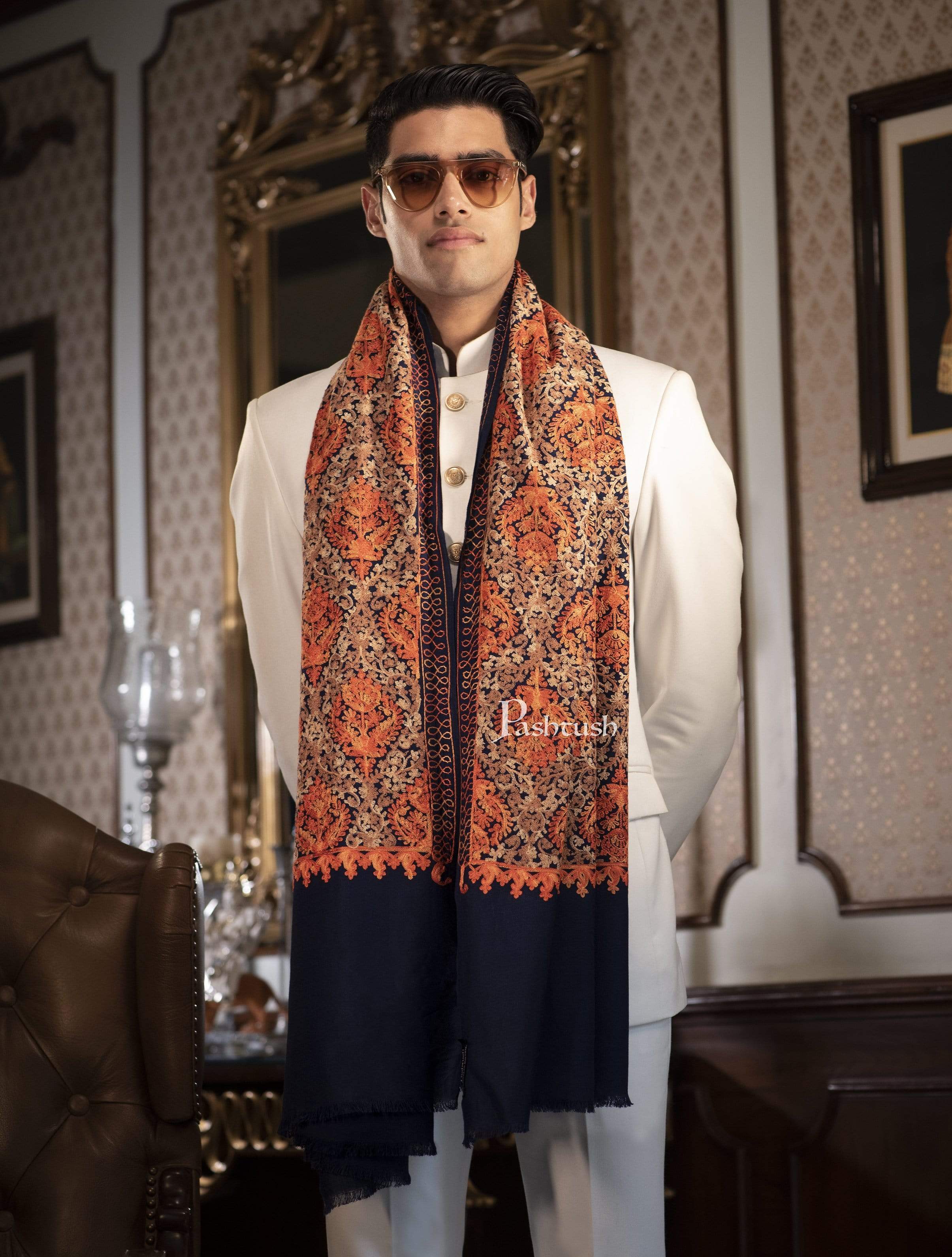 Pashtush Mens Woollen, Aari Embroidery Stole, Navy Blue - Image 4