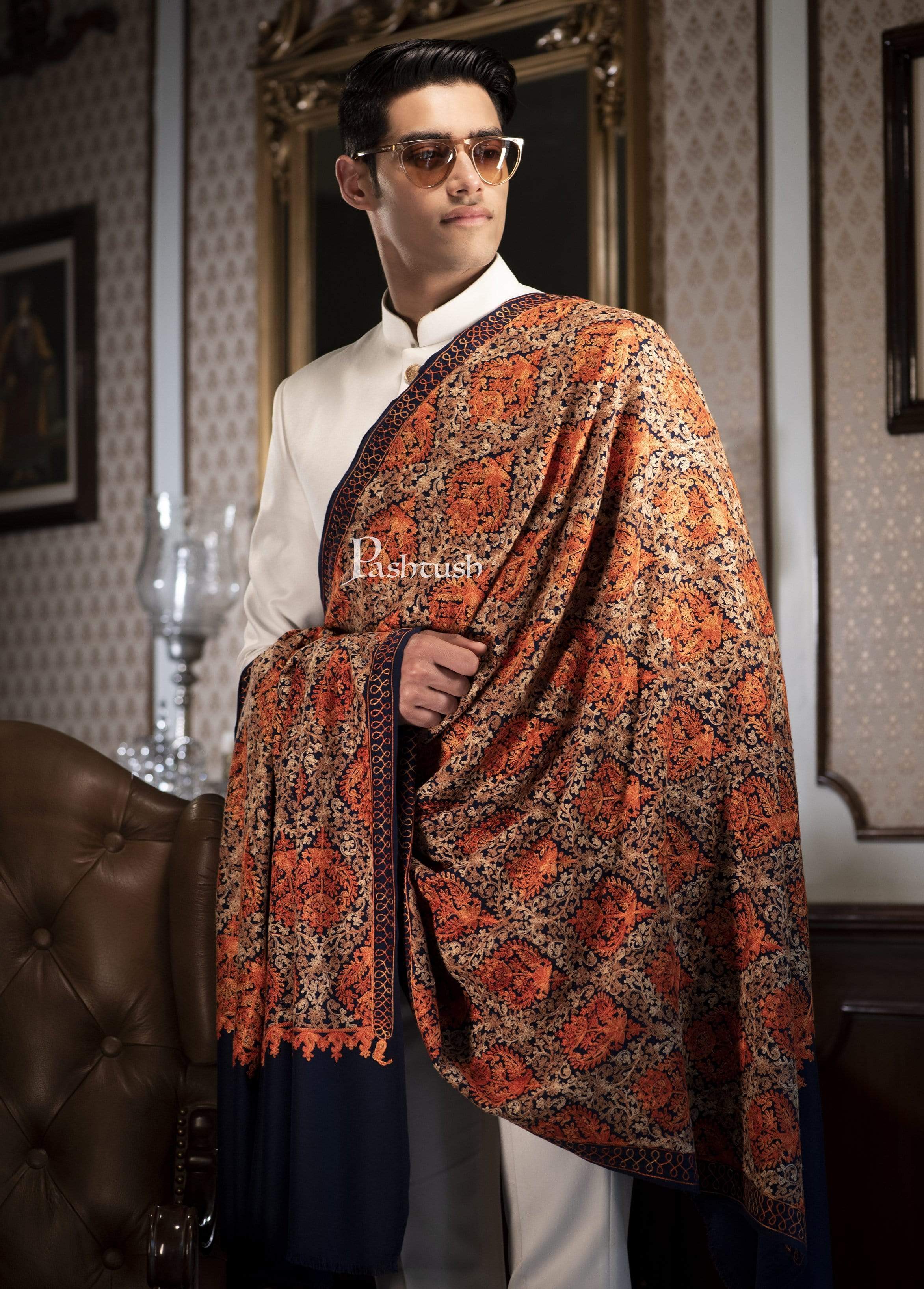 Pashtush Mens Woollen, Aari Embroidery Stole, Navy Blue - Image 9