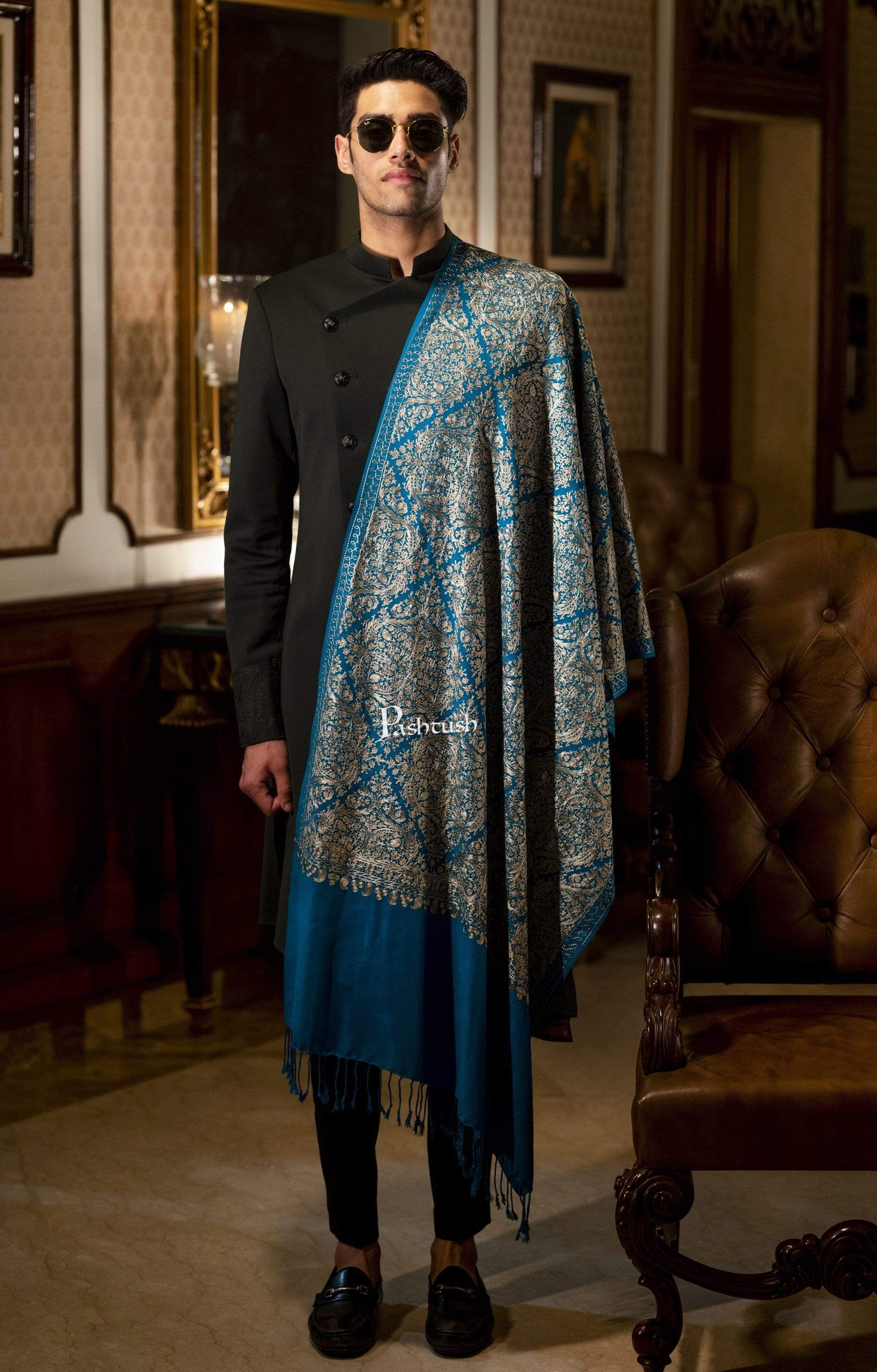 Pashtush Mens Woollen, Silky Embroidery Stole, Teal - Image 2