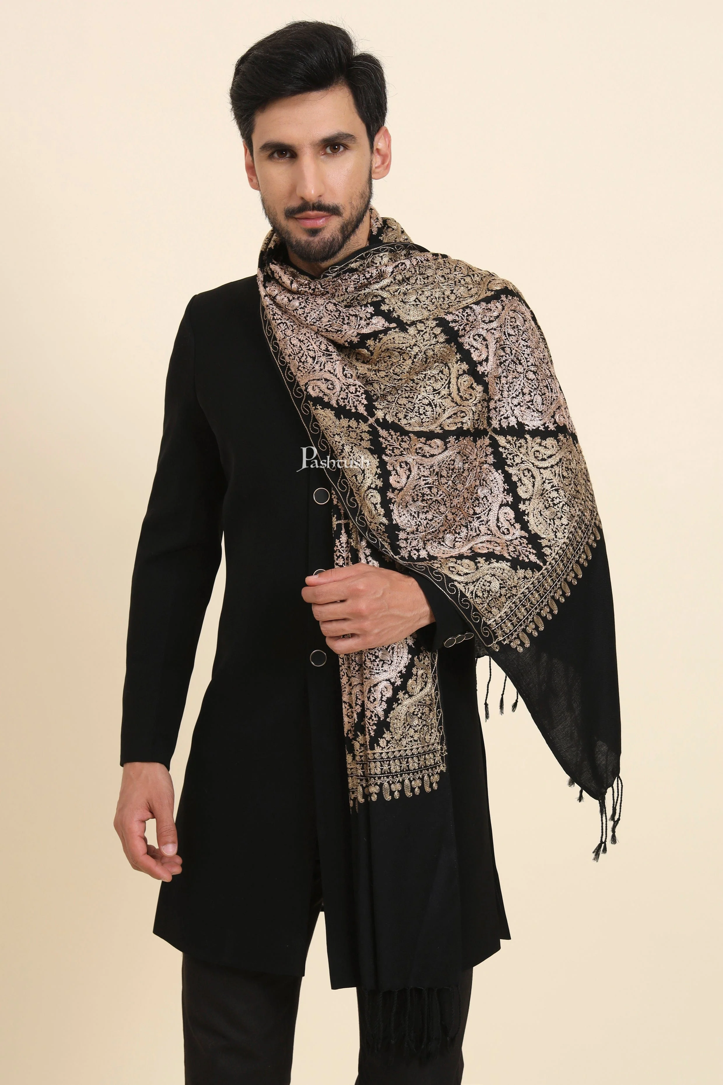 Pashtush Mens Woollen Stole, Nalki Embroidery Design, Black