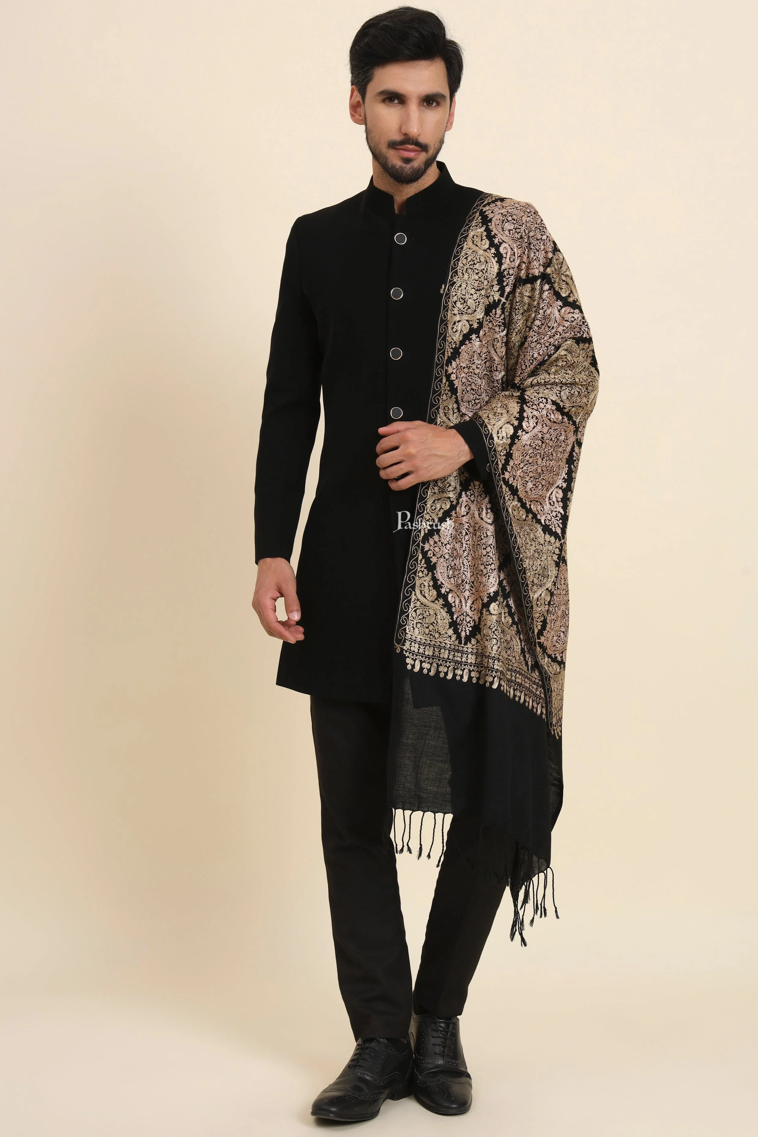 Pashtush Mens Woollen Stole, Nalki Embroidery Design, Black - Image 2