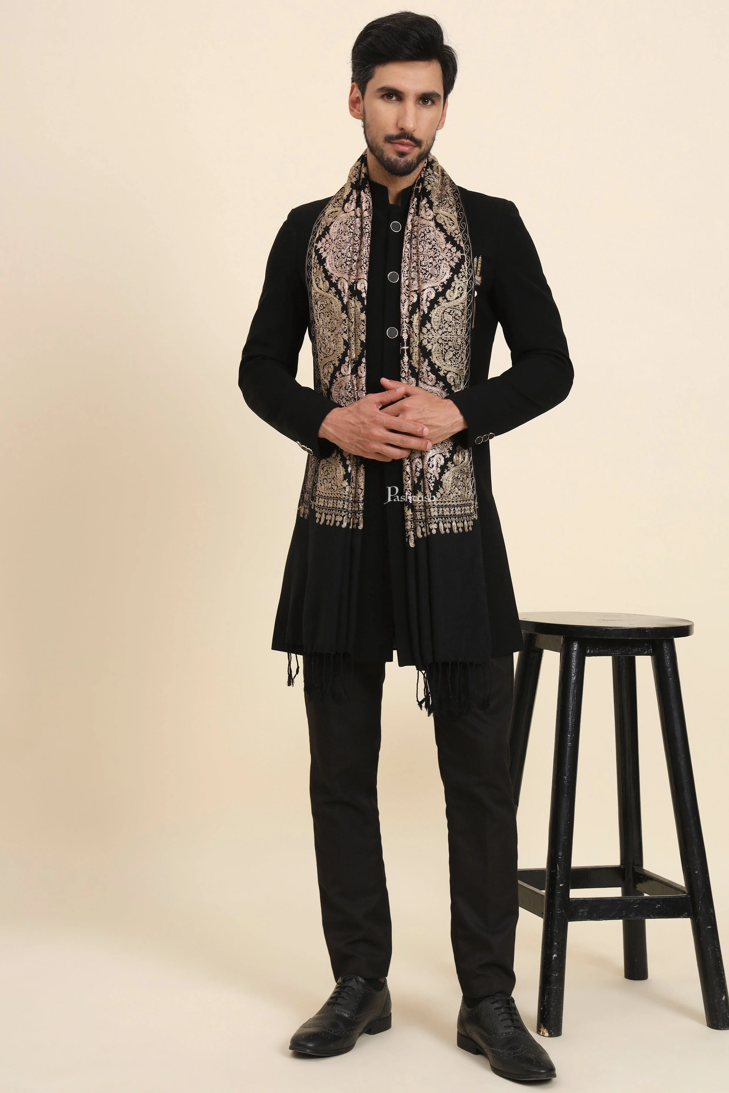Pashtush Mens Woollen Stole, Nalki Embroidery Design, Black - Image 4