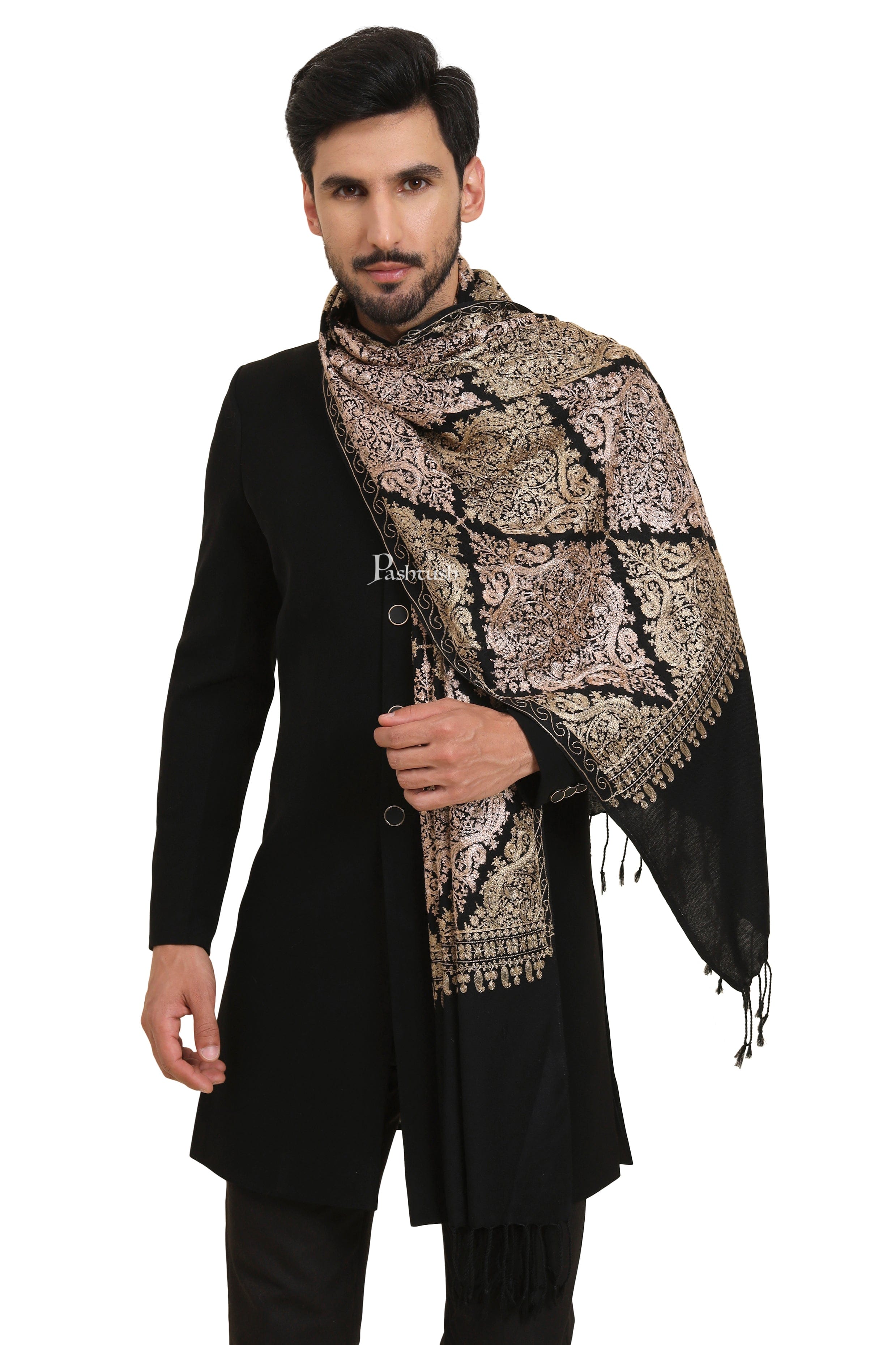 Pashtush Mens Woollen Stole, Nalki Embroidery Design, Black - Image 5