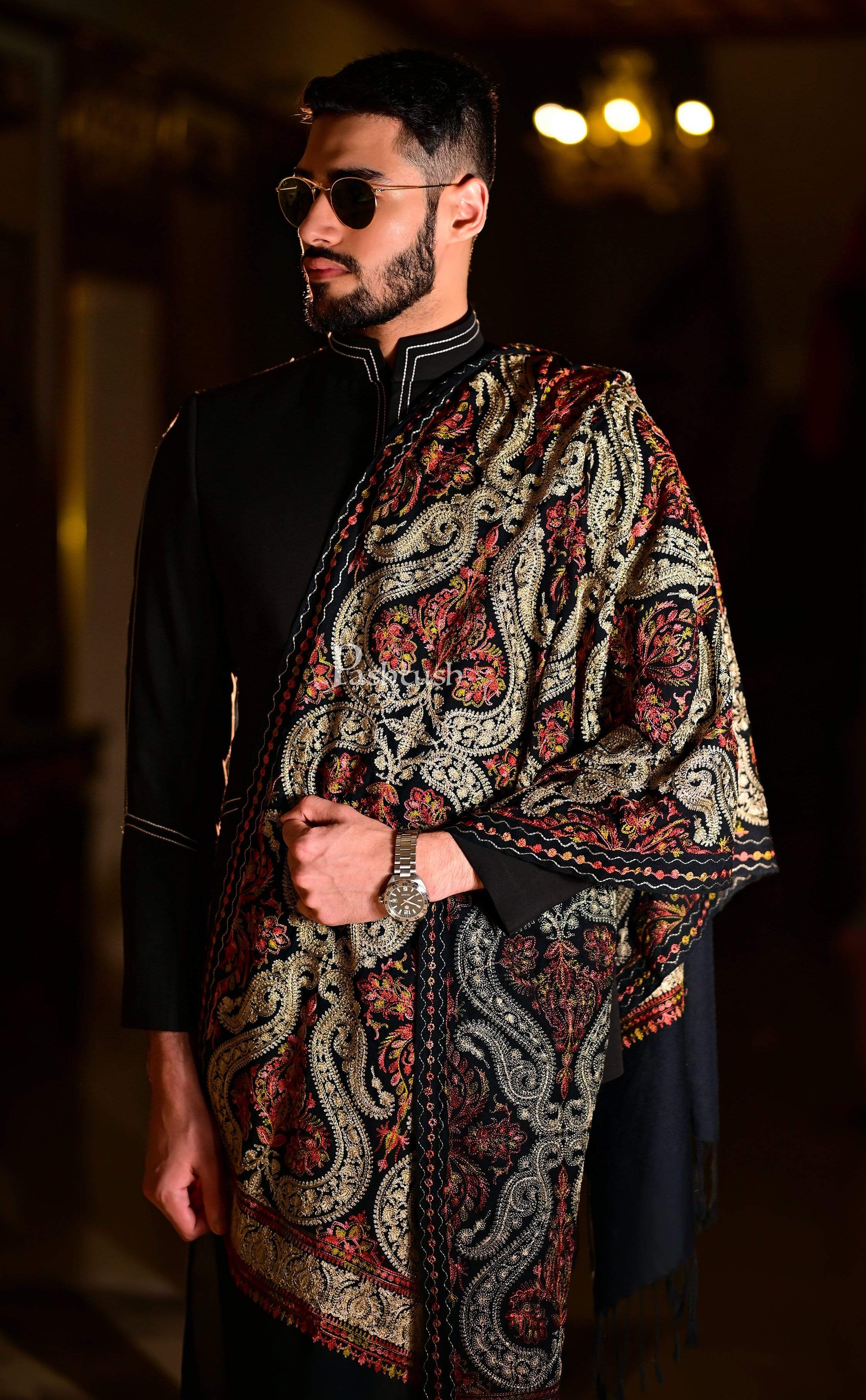 Pashtush Mens Woollen Stole With Nalki Embroidery, Black - Image 3