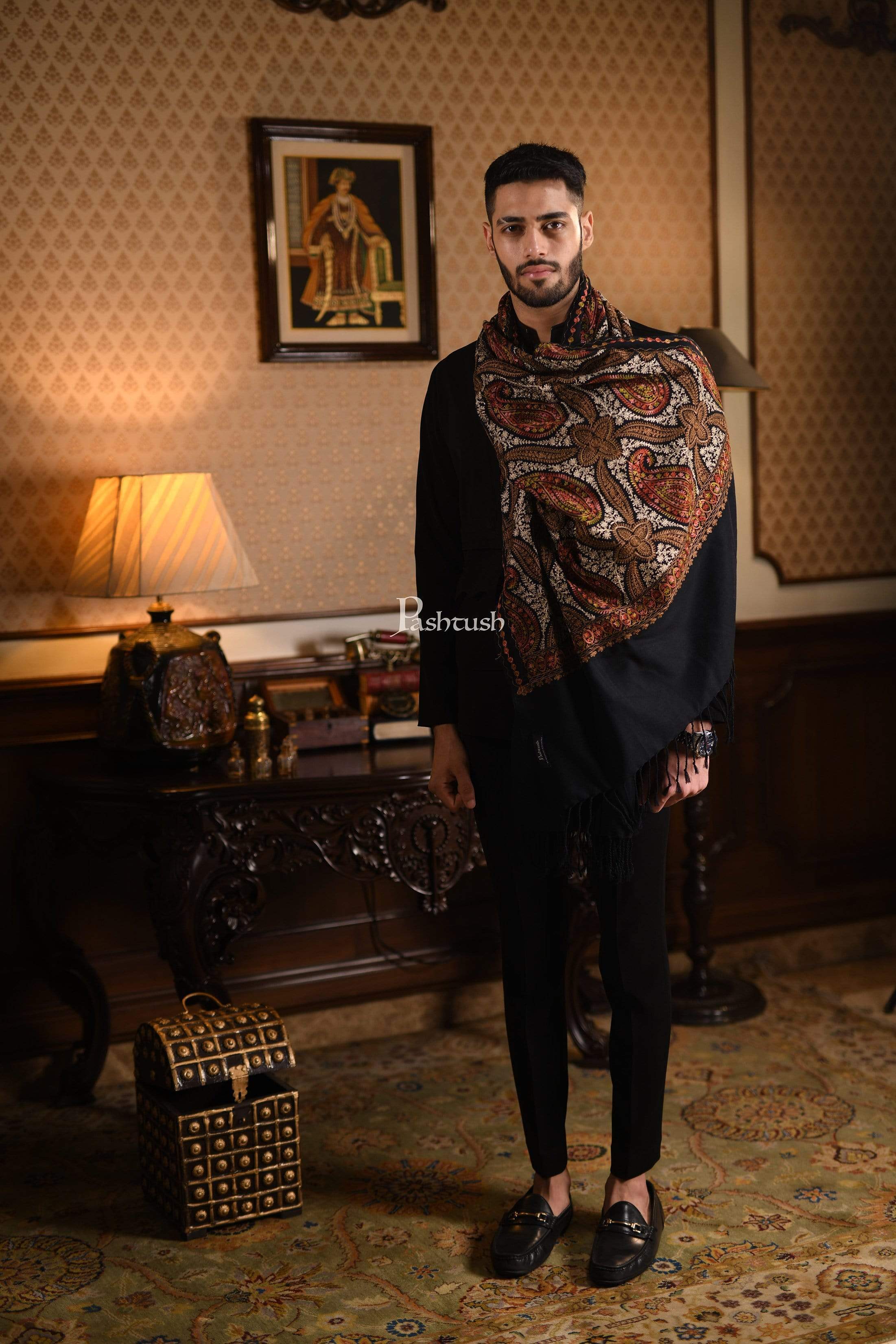 Pashtush Mens Woollen Stole With Nalki Embroidery, Black - Image 8