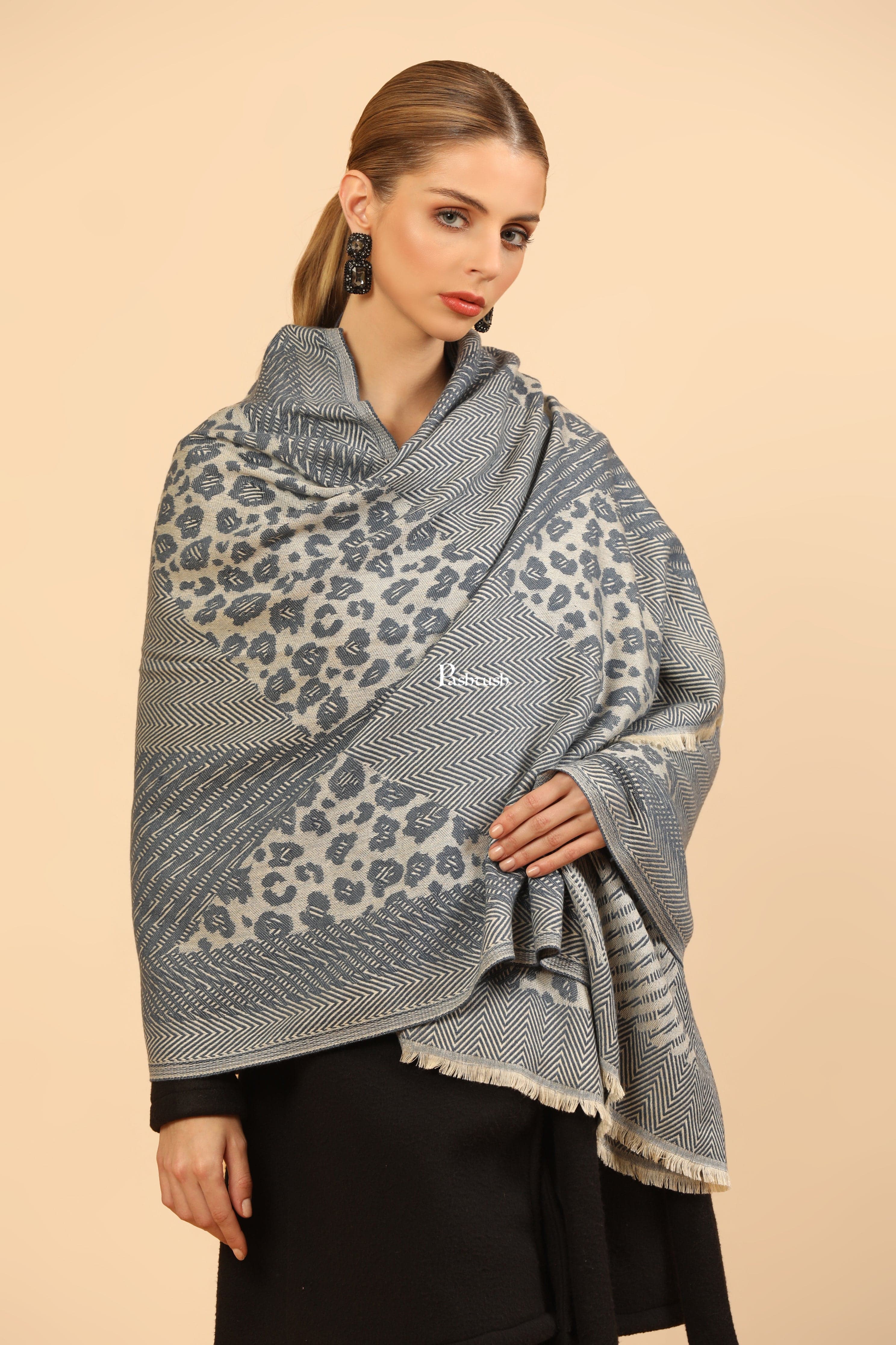 Pashtush Womens Woollen Stole, Woven Soft And Warm Design, Denim Blue