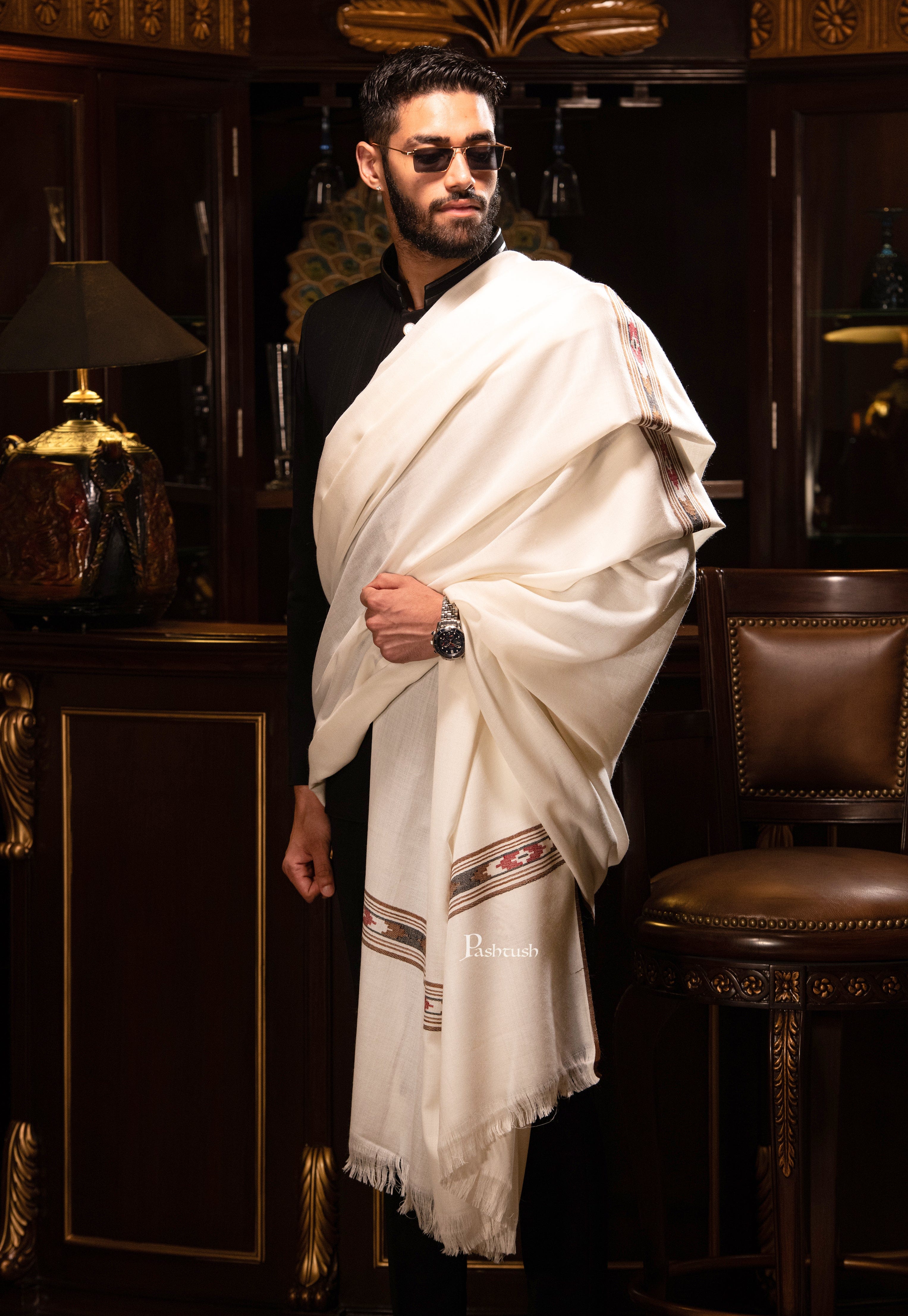 Pashtush Mens Woven Aztec Design Shawl, Fine Wool, Ivory