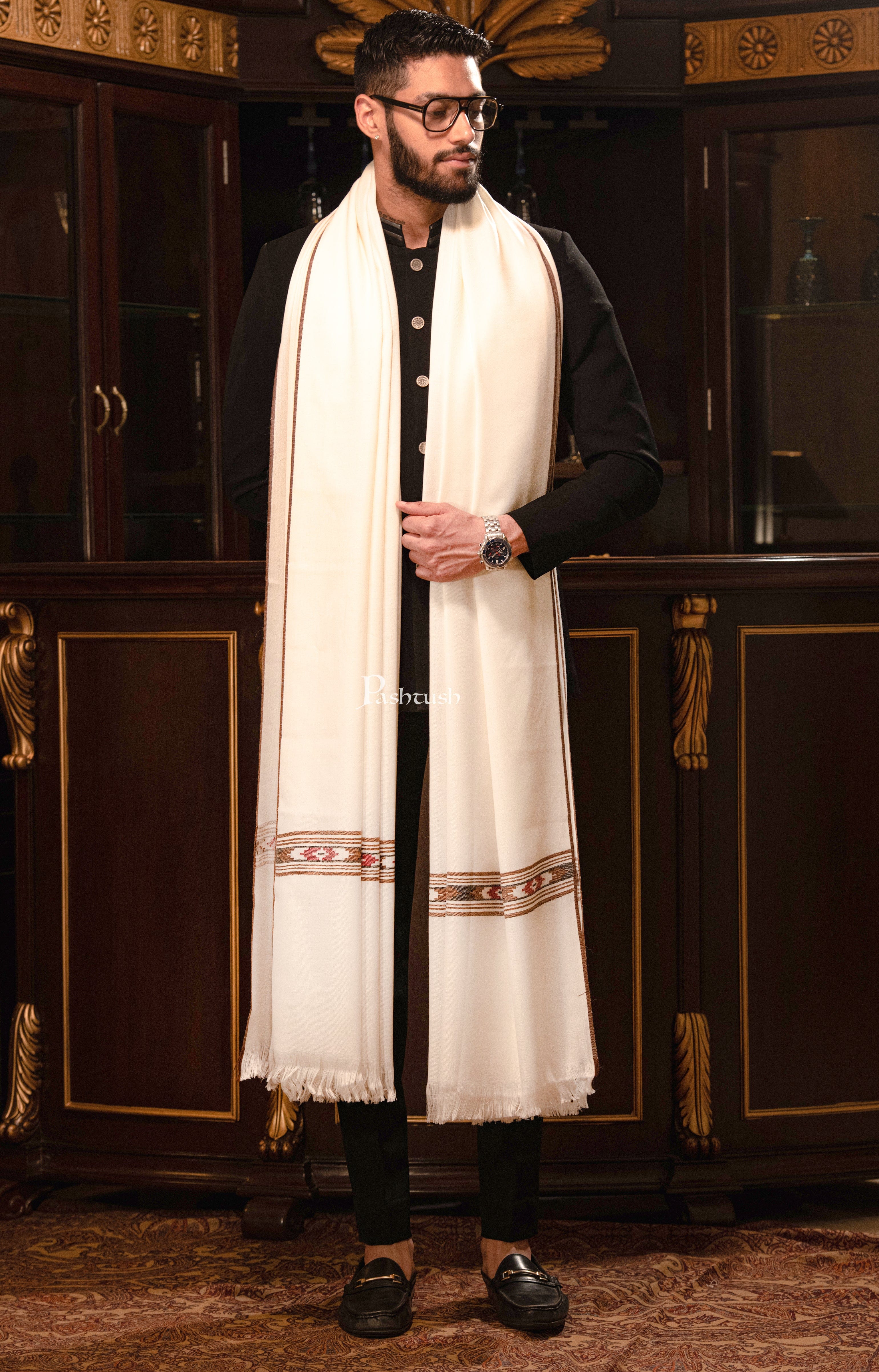 Pashtush Mens Woven Aztec Design Shawl, Fine Wool, Ivory - Image 2