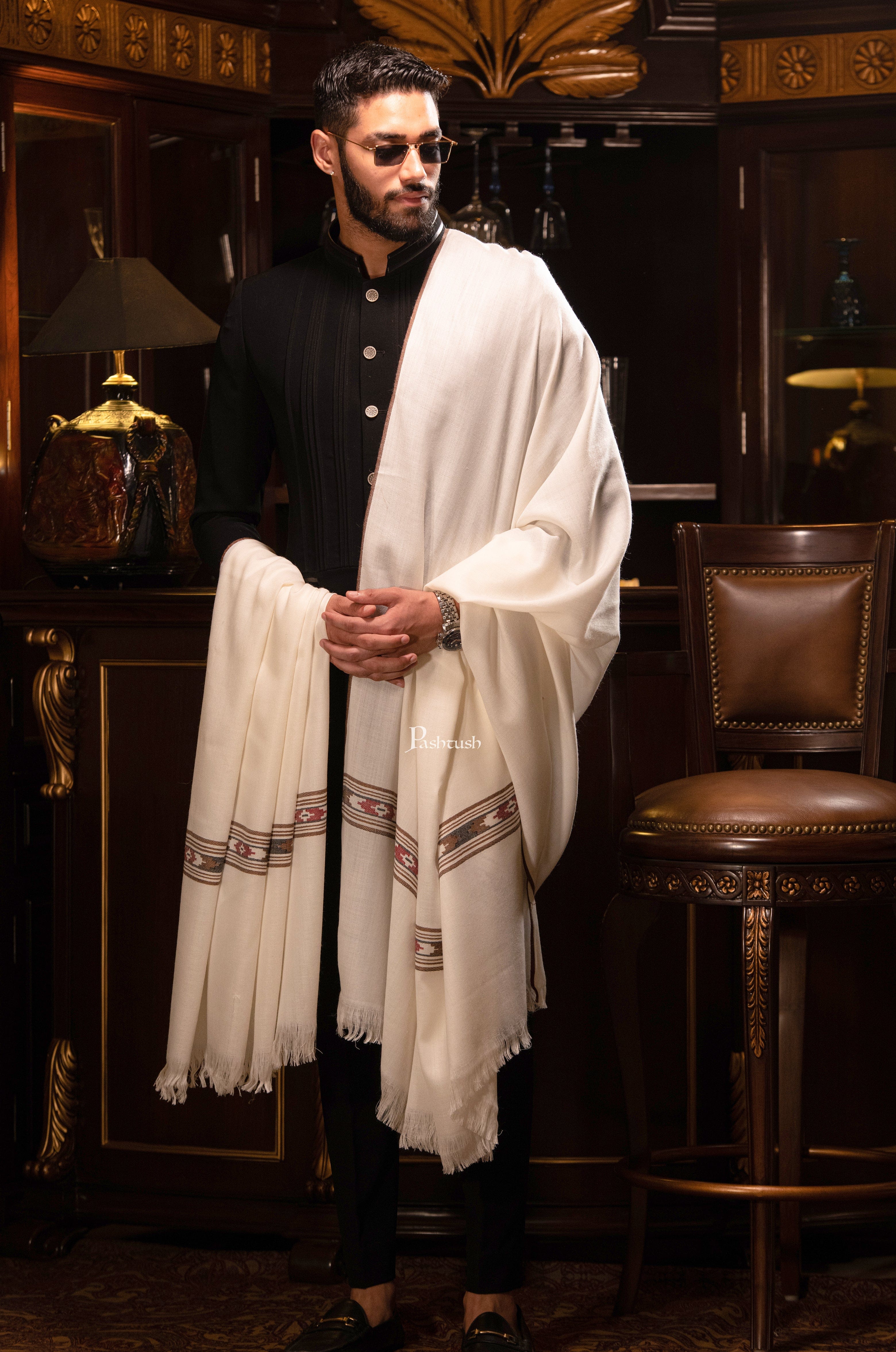 Pashtush Mens Woven Aztec Design Shawl, Fine Wool, Ivory - Image 3