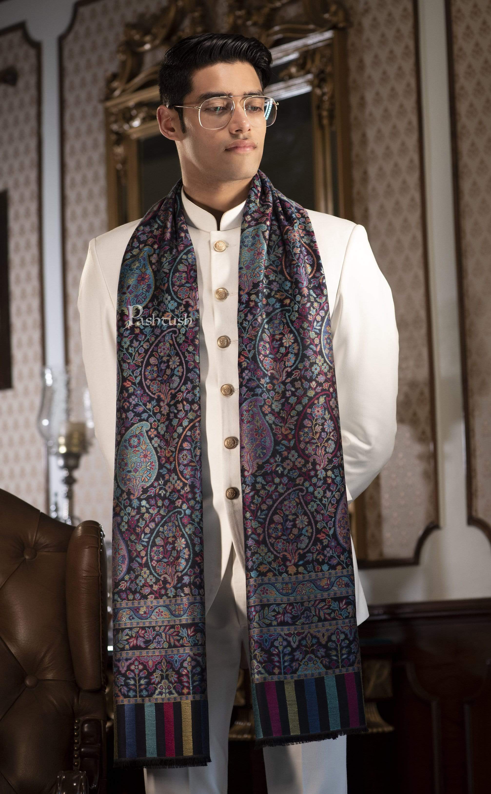 Pashtush Mens Woven Ethnic Stole, Extra Soft Bamboo Fibre