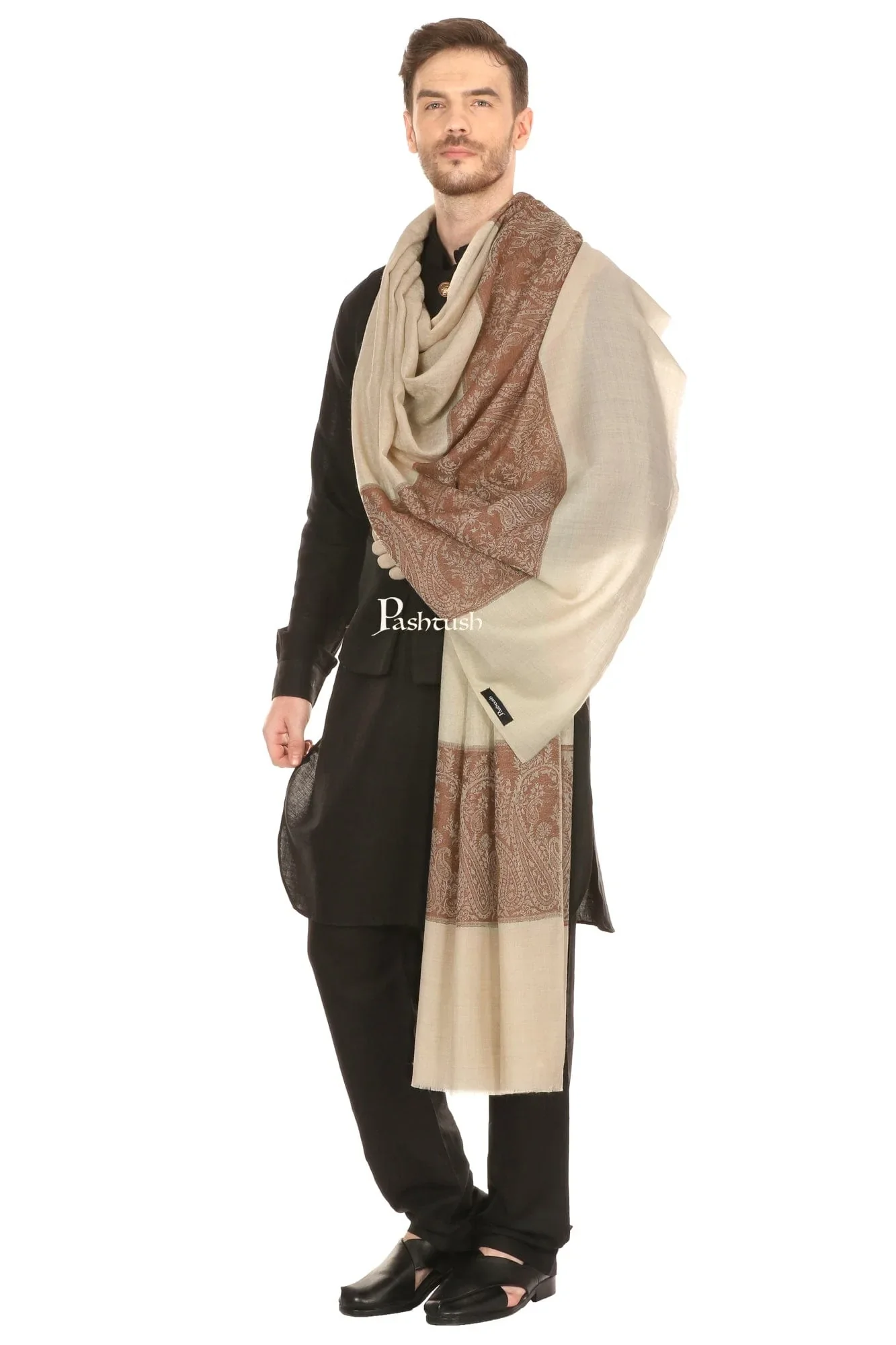 Pashtush Mens Woven Jacquard Shawl, Fine Wool, Extra Soft And Warm