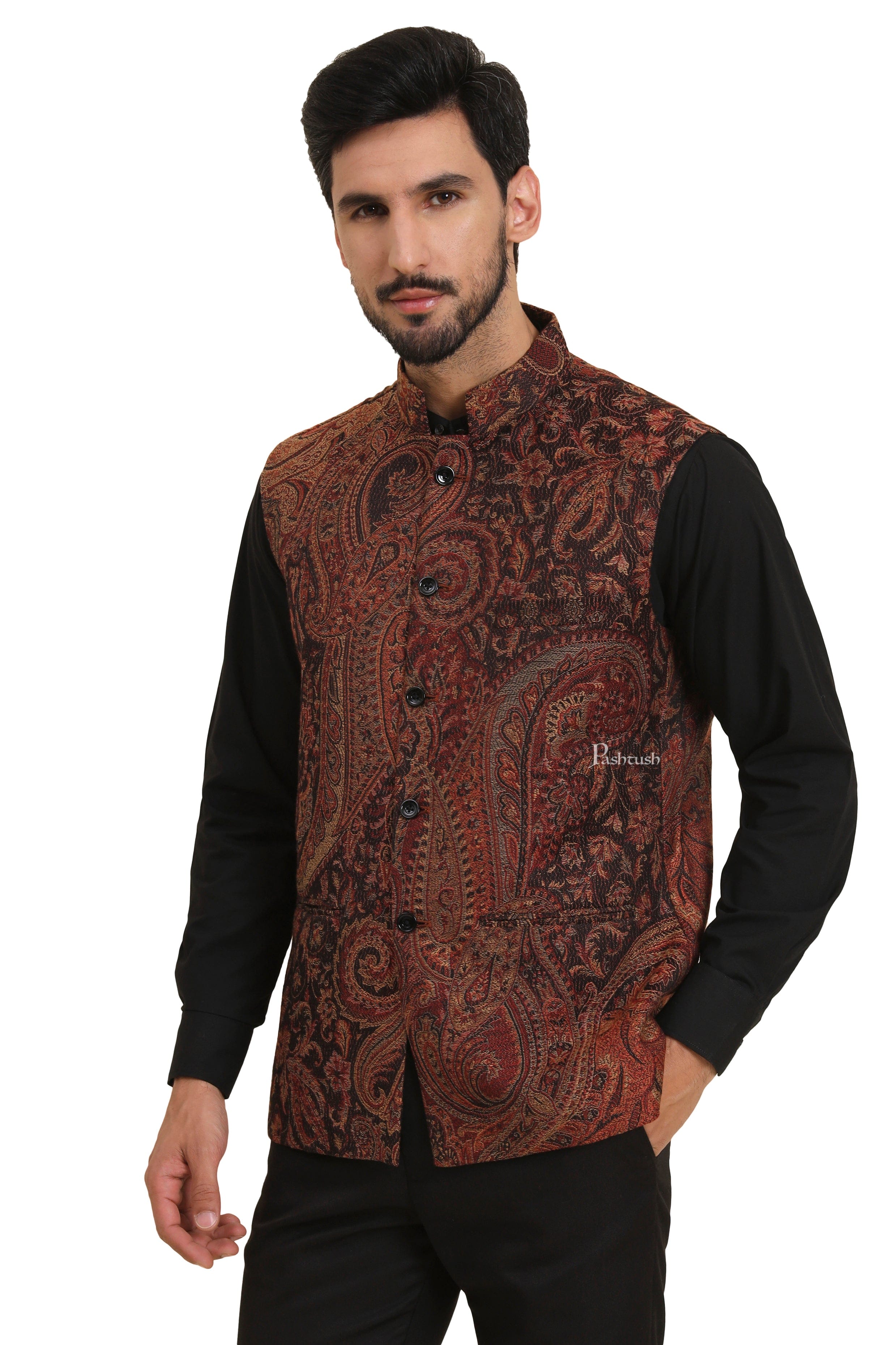 Pashtush Mens Woven Jacquard Structured Waistcoat, Slim Fit - Image 3