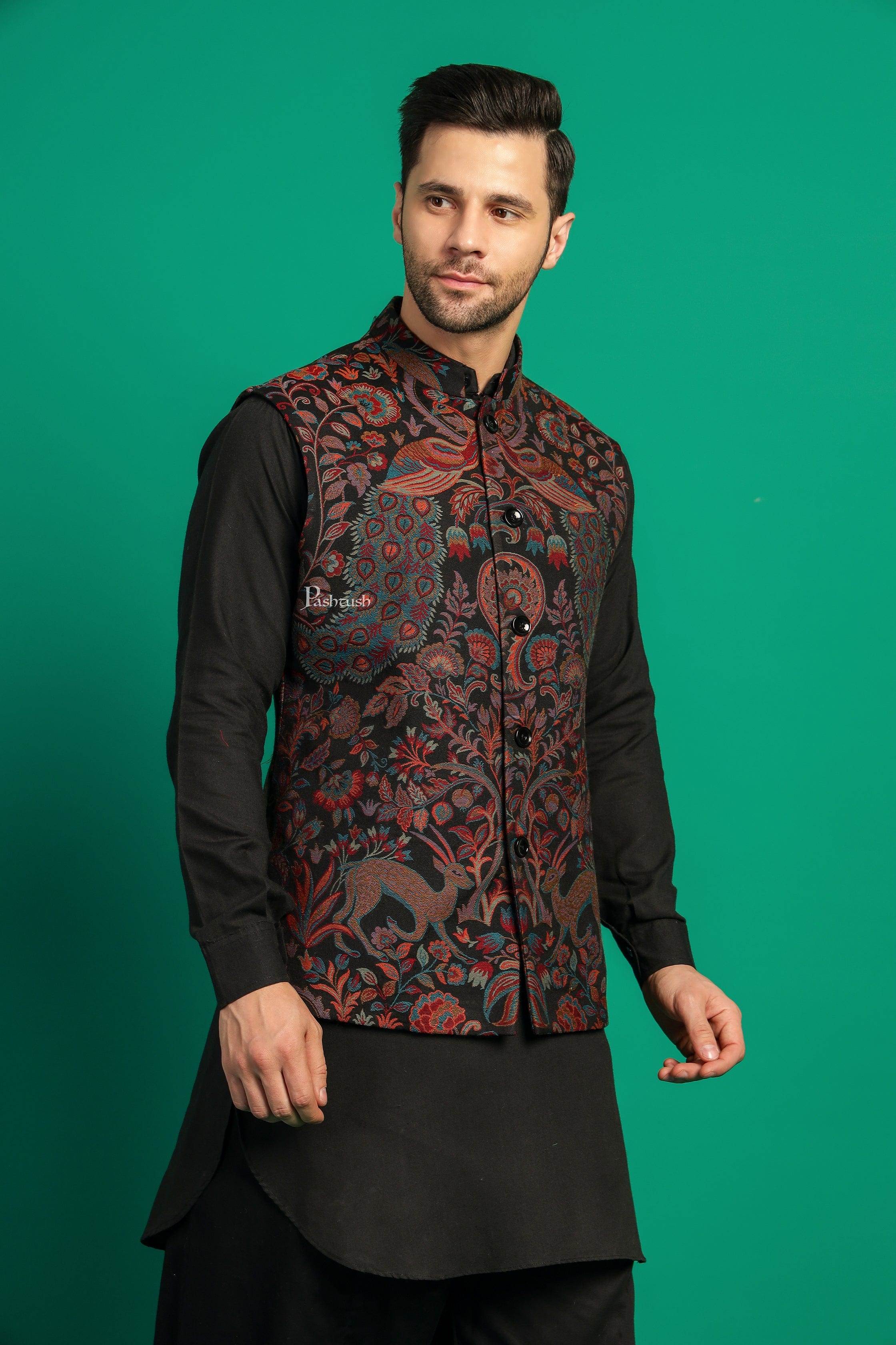 Pashtush Mens Woven Jacquard Structured Waistcoat, Slim Fit, Black - Image 3