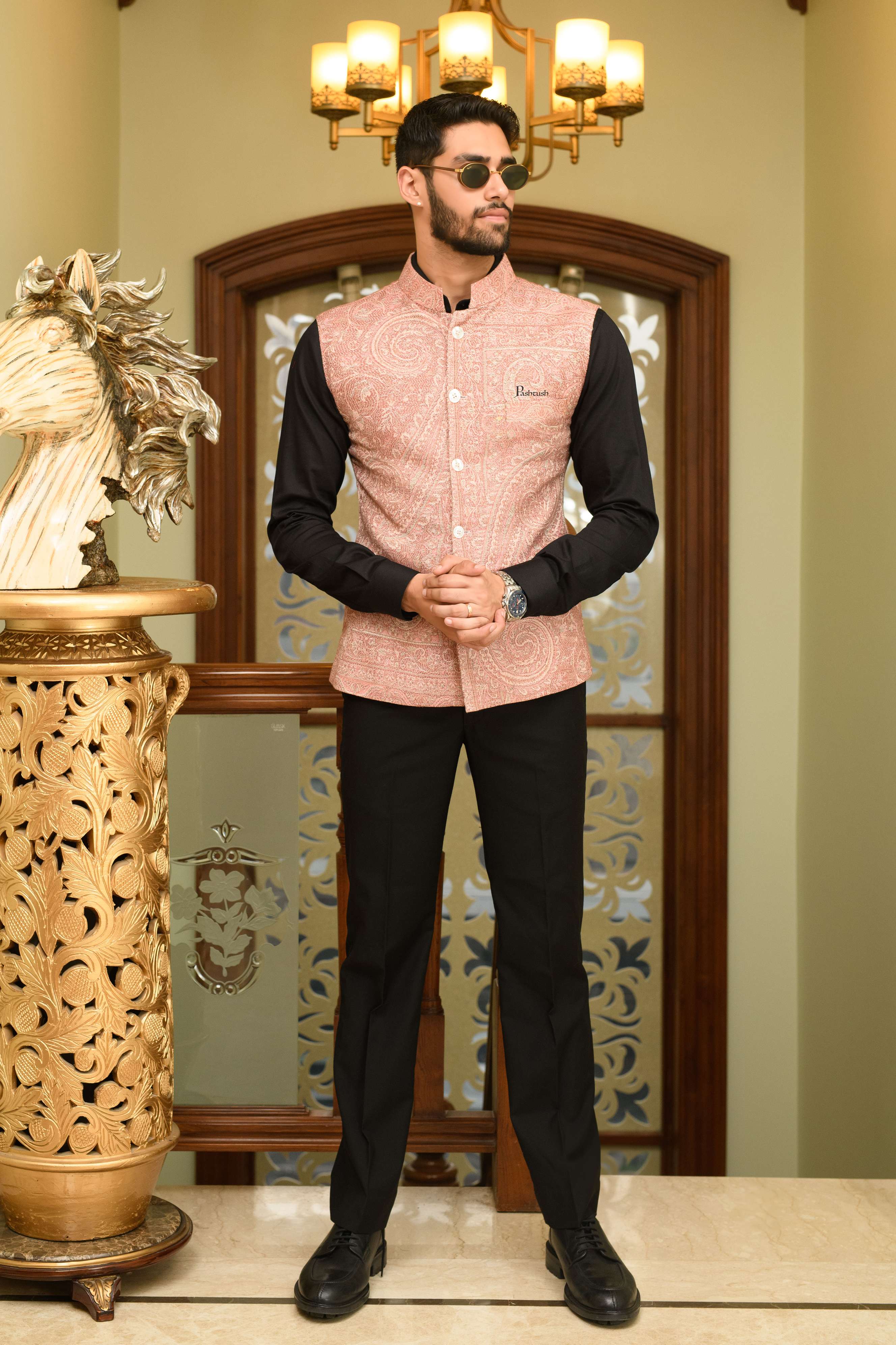 Pashtush Mens Woven Jacquard Structured Waistcoat, Slim Fit, Ivory - Image 2