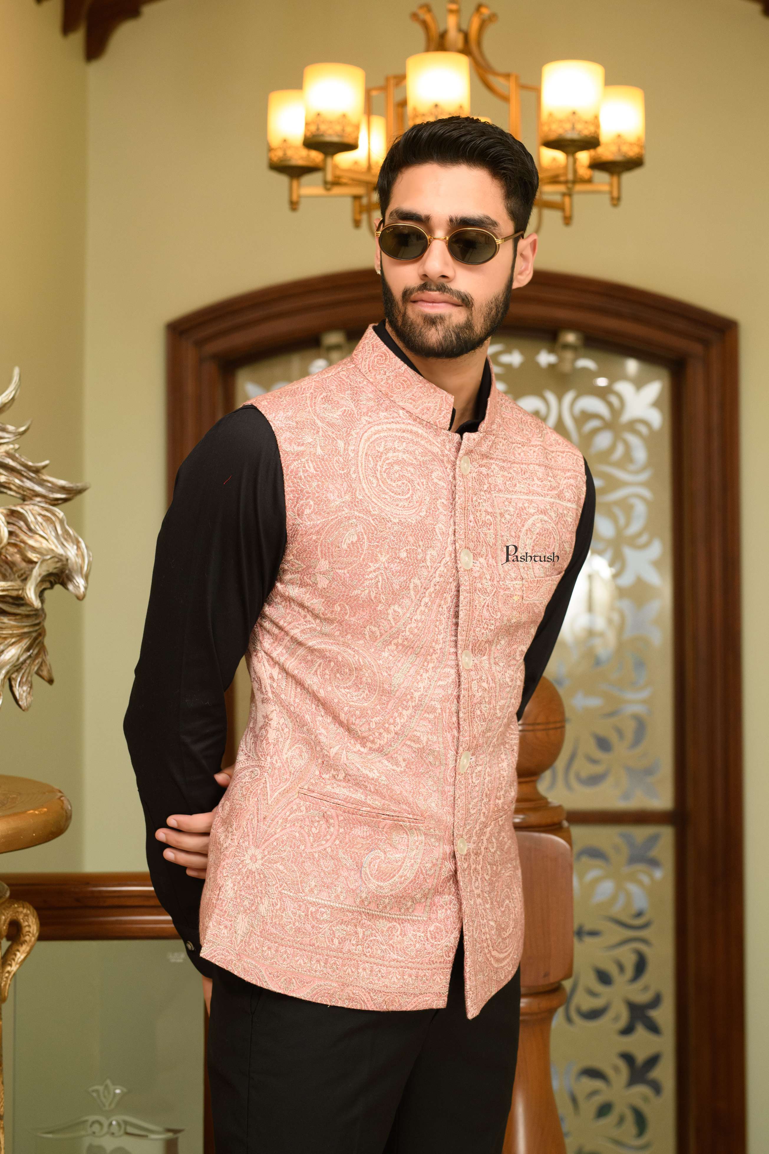 Pashtush Mens Woven Jacquard Structured Waistcoat, Slim Fit, Ivory - Image 3