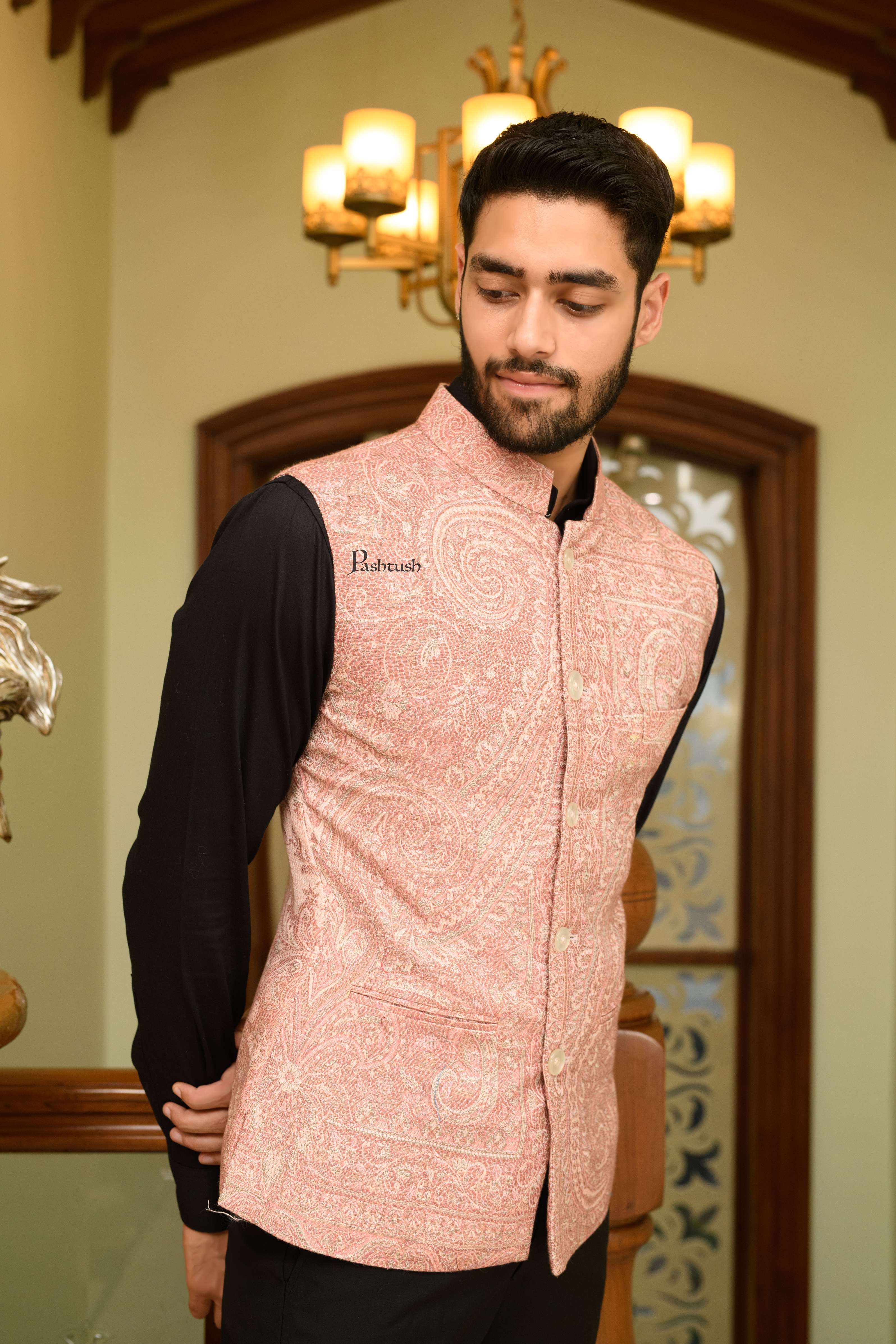 Pashtush Mens Woven Jacquard Structured Waistcoat, Slim Fit, Ivory - Image 4