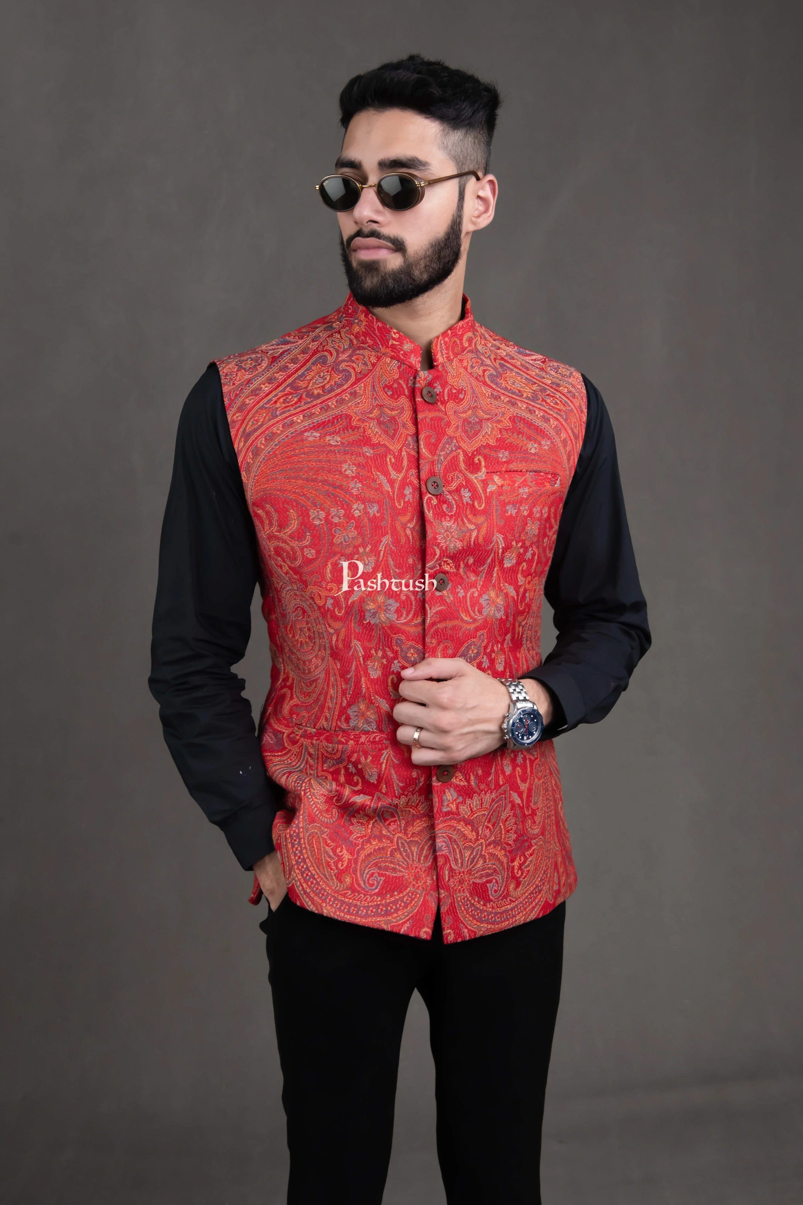 Pashtush Mens Woven Jacquard Structured Waistcoat, Slim Fit, Maroon
