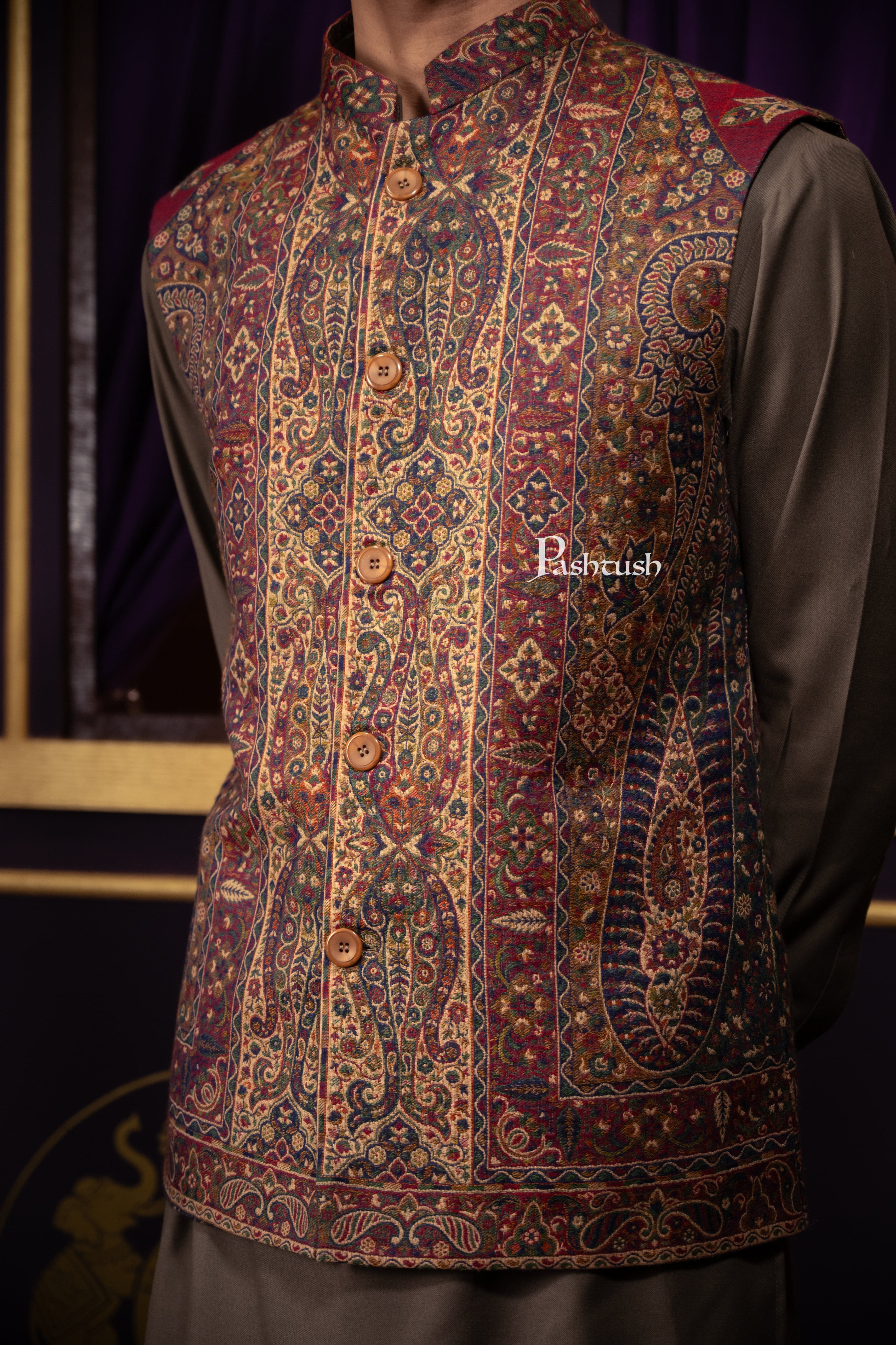Pashtush Mens Woven Jacquard Structured Waistcoat, Slim Fit, Multicolour - Image 2