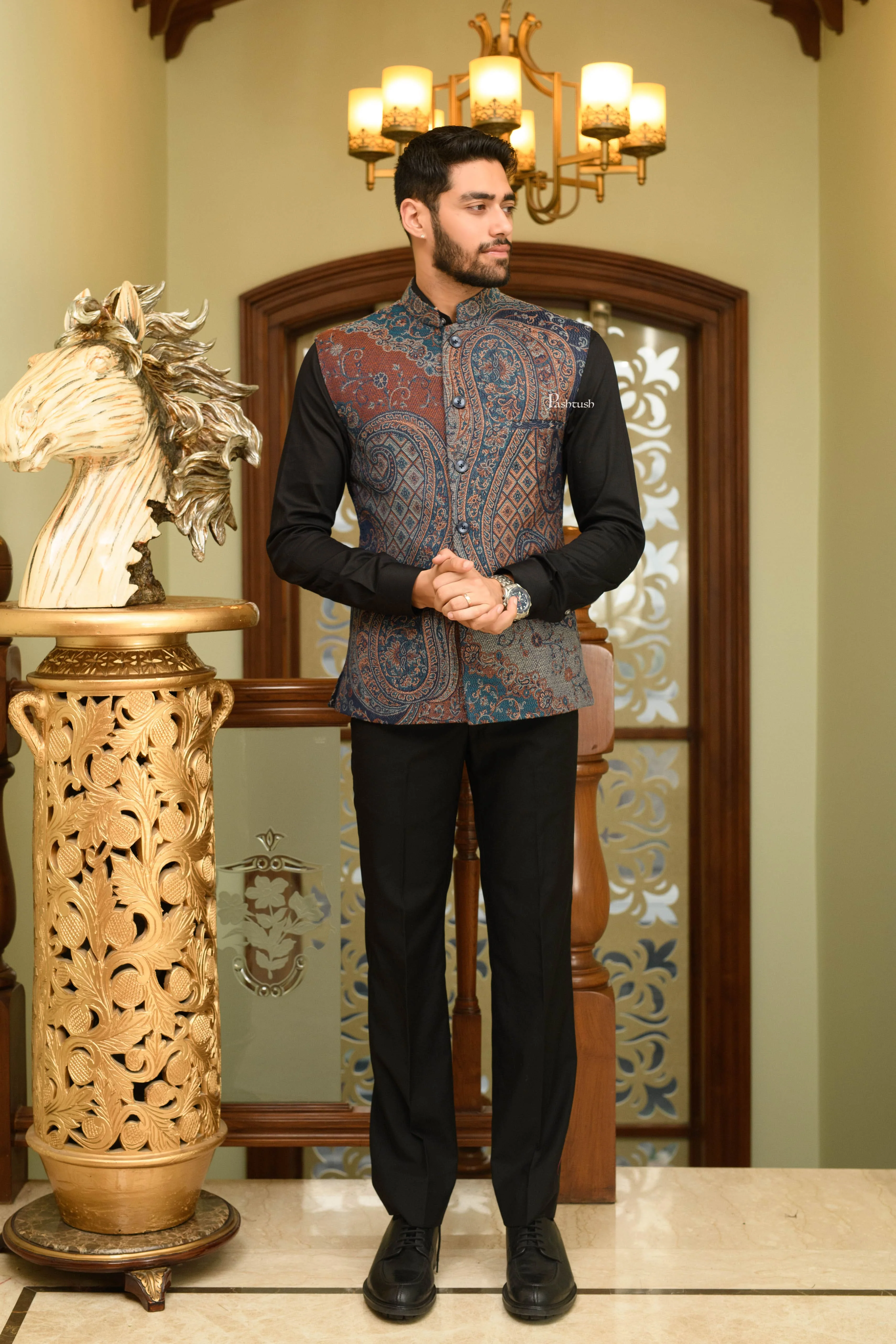 Pashtush Mens Woven Jacquard Structured Waistcoat, Slim Fit, Navy Blue - Image 2