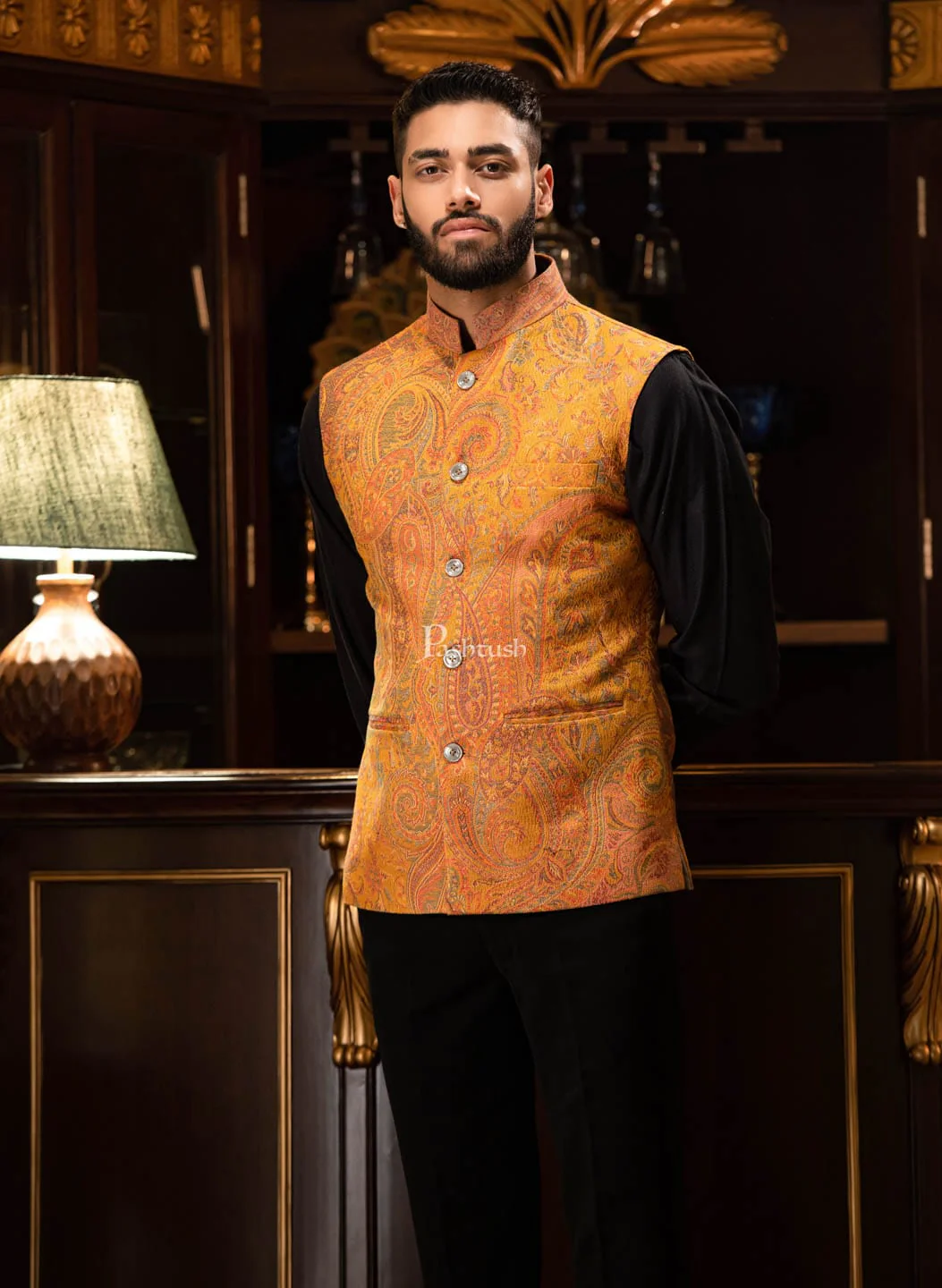 PASHTUSH MENS WOVEN JACQUARD WAISTCOAT, Structured SLIM FIT, Mustard