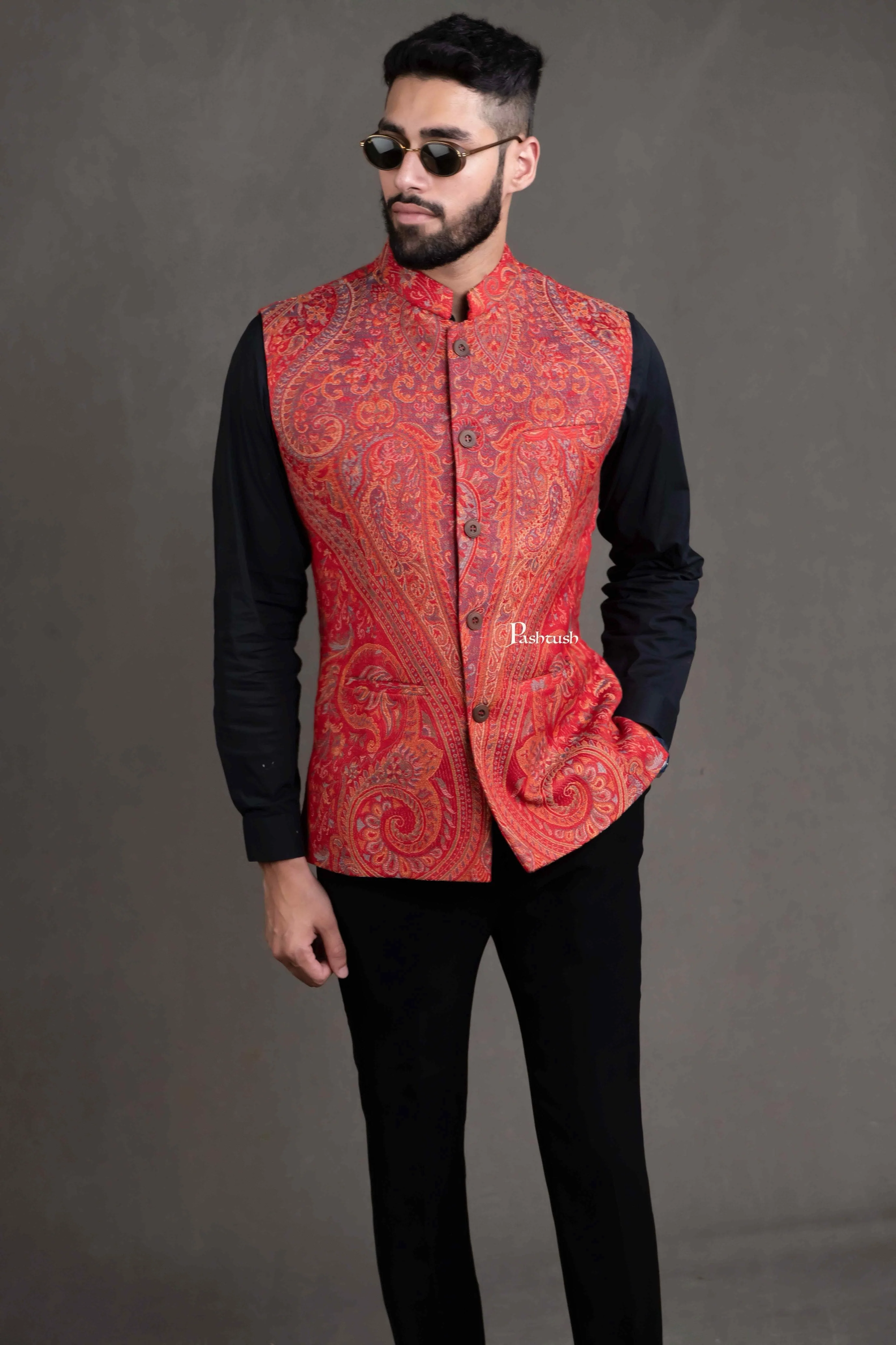 PASHTUSH MENS WOVEN JACQUARD WAISTCOAT, STRUCTURED SLIM FIT, RED