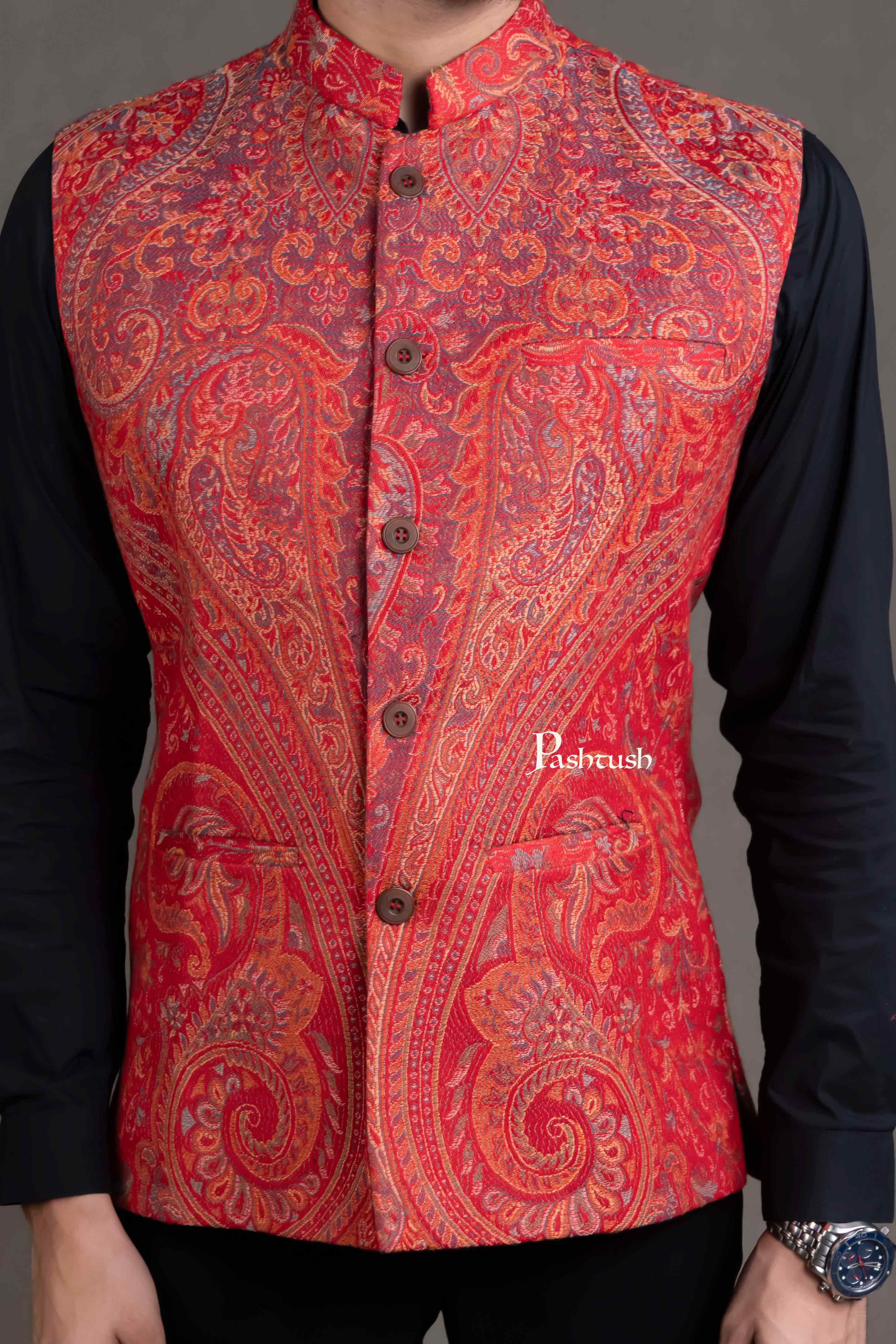 PASHTUSH MENS WOVEN JACQUARD WAISTCOAT, STRUCTURED SLIM FIT, RED - Image 2