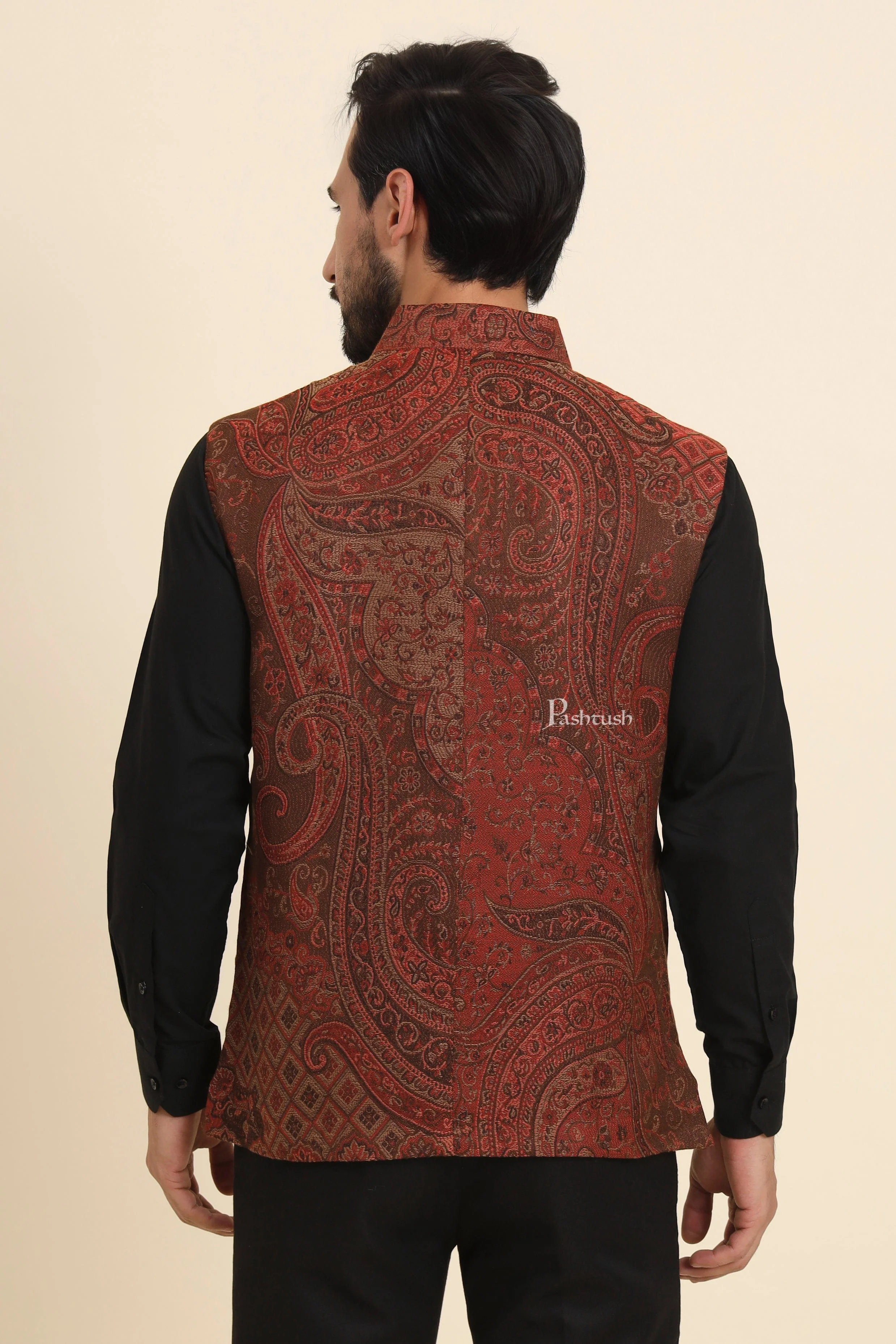 Pashtush Mens Woven Jacquard Waistcoat, Structured Slim Fit, Brown - Image 4