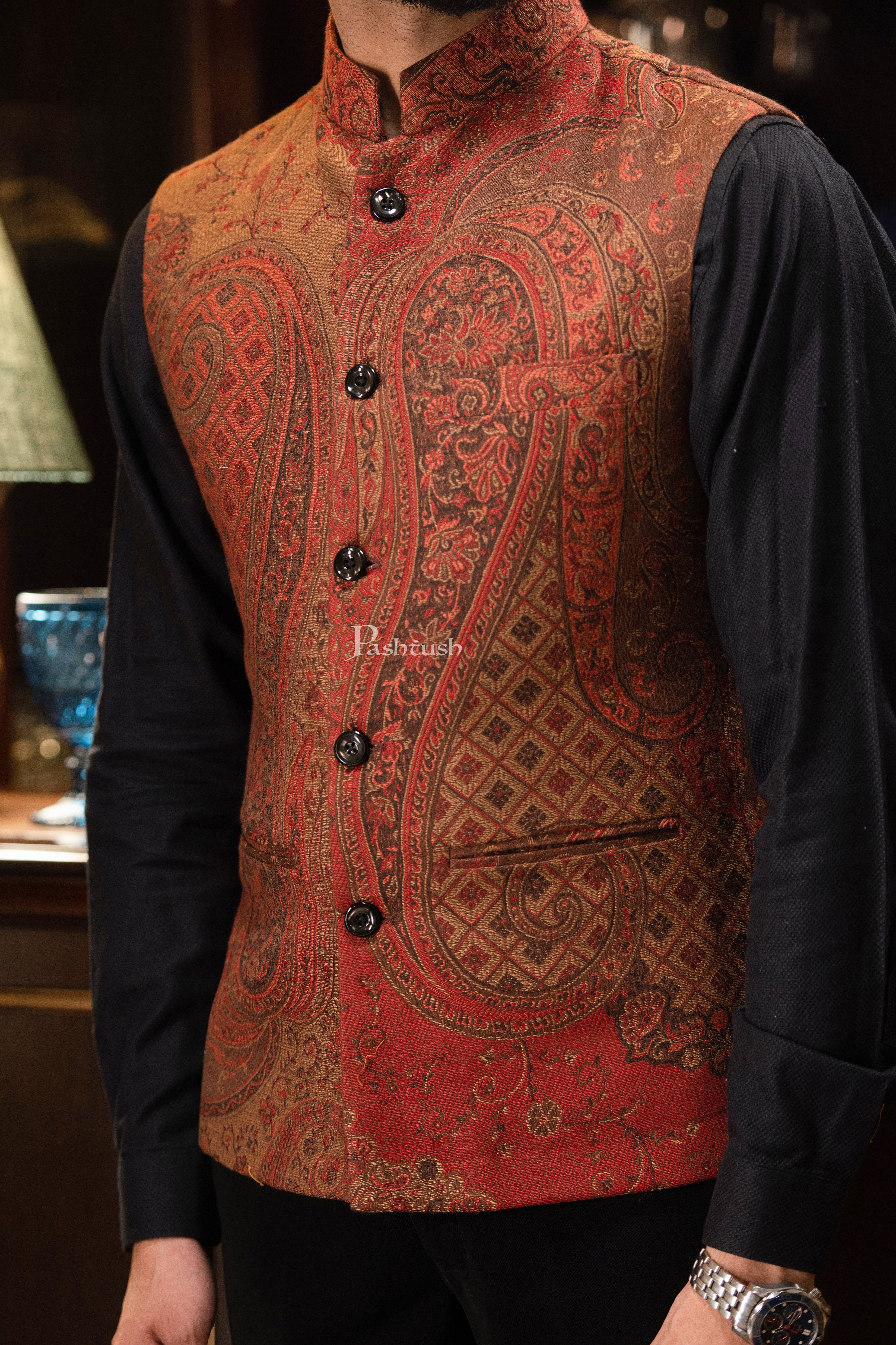 PASHTUSH MENS WOVEN JACQUARD WAISTCOAT, Structured SLIM FIT, Brown - Image 6