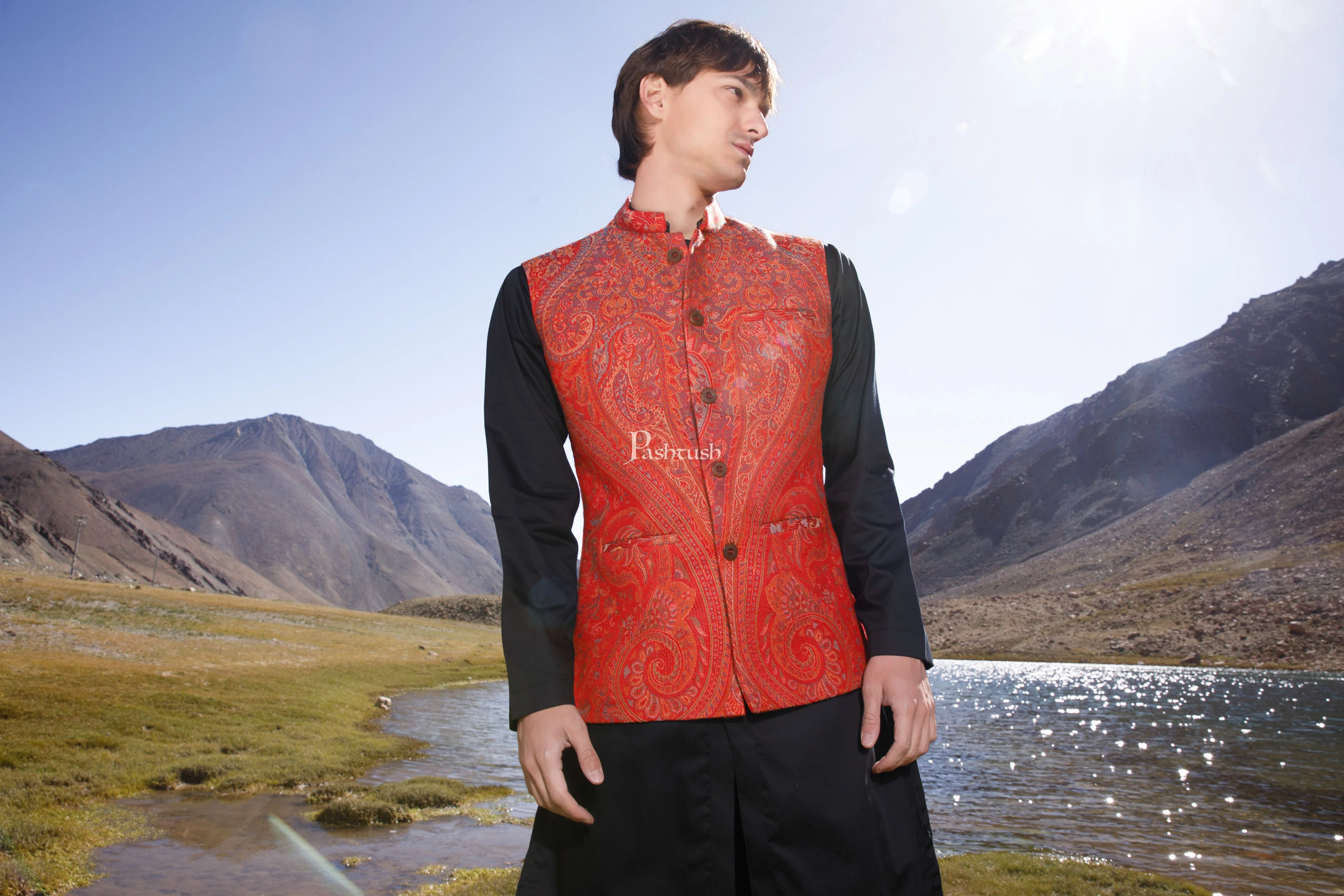 Pashtush Mens Woven Jacquard Waistcoat, Structured Slim Fit, Festive Maroon - Image 4