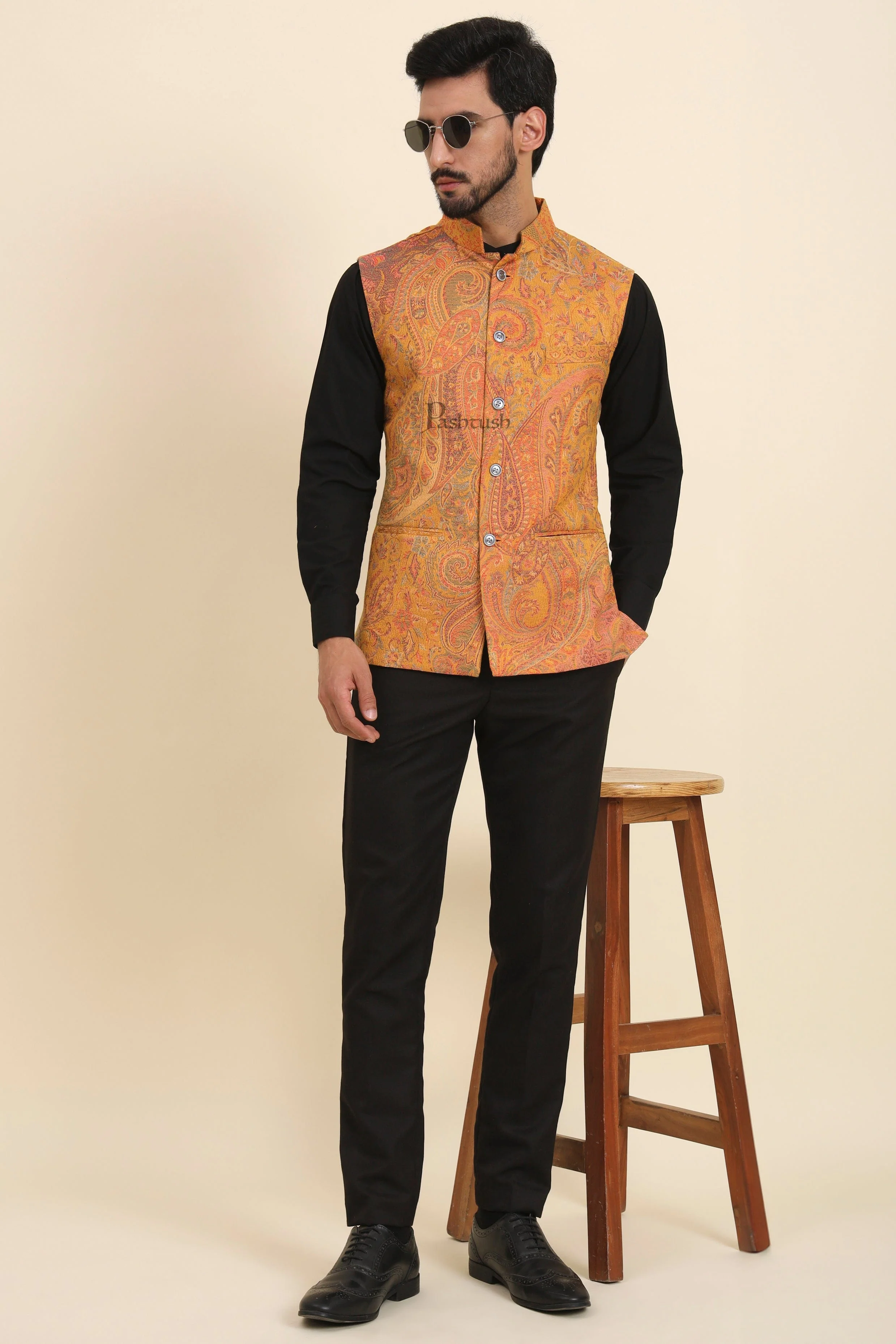 Pashtush Mens Woven Jacquard Waistcoat, Structured Slim Fit, Mustard - Image 3