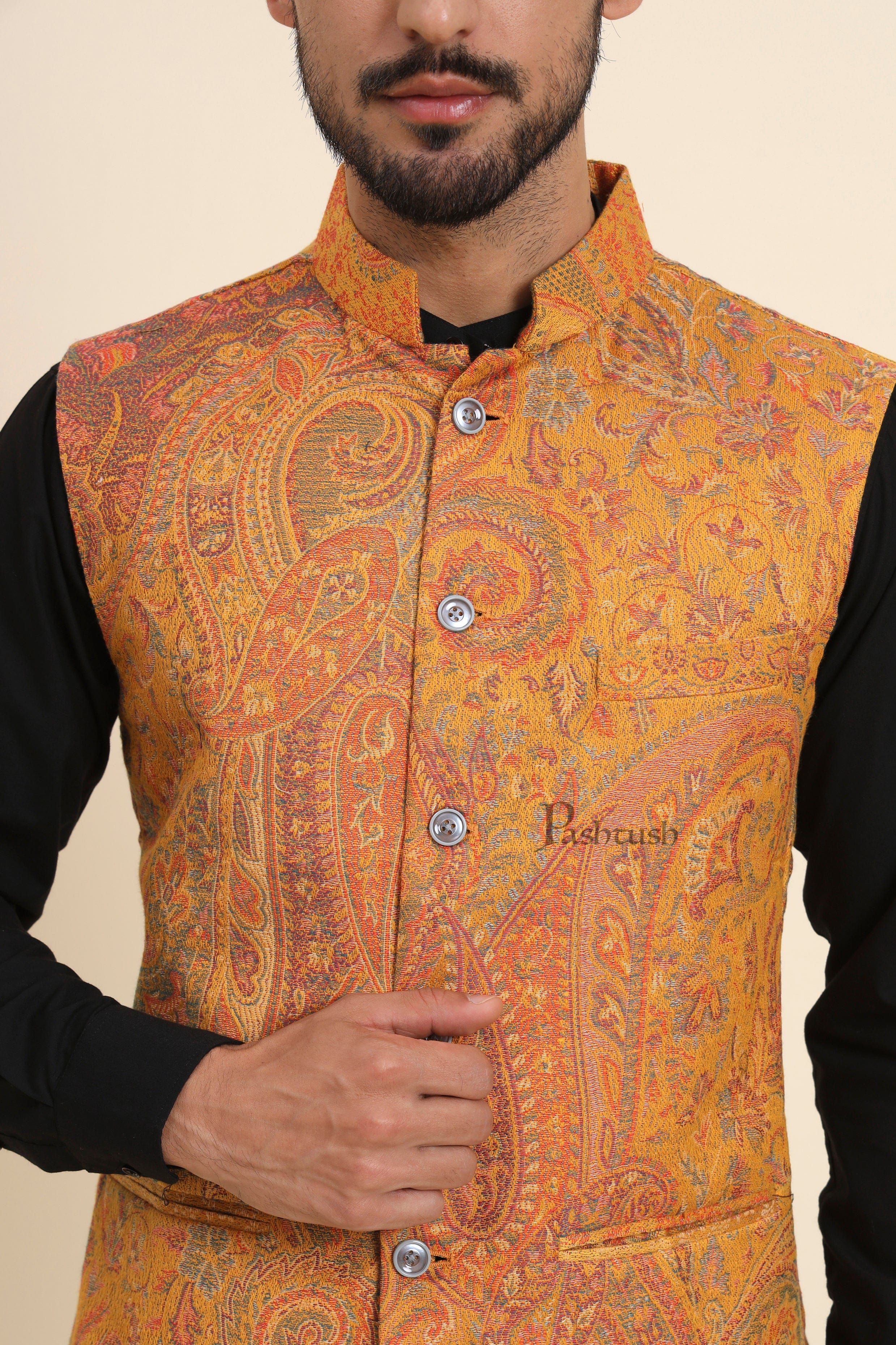 Pashtush Mens Woven Jacquard Waistcoat, Structured Slim Fit, Mustard - Image 4
