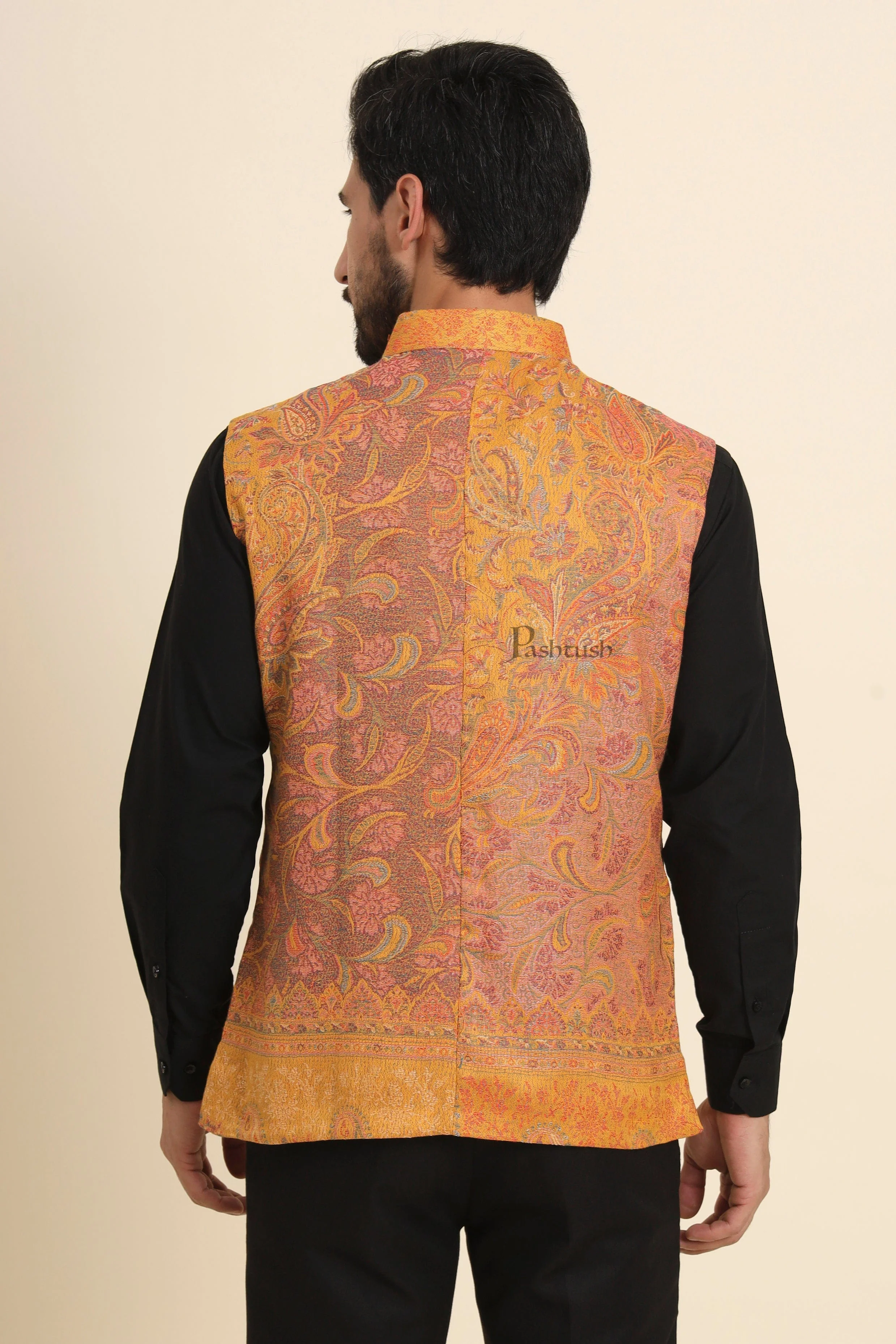 Pashtush Mens Woven Jacquard Waistcoat, Structured Slim Fit, Mustard - Image 6