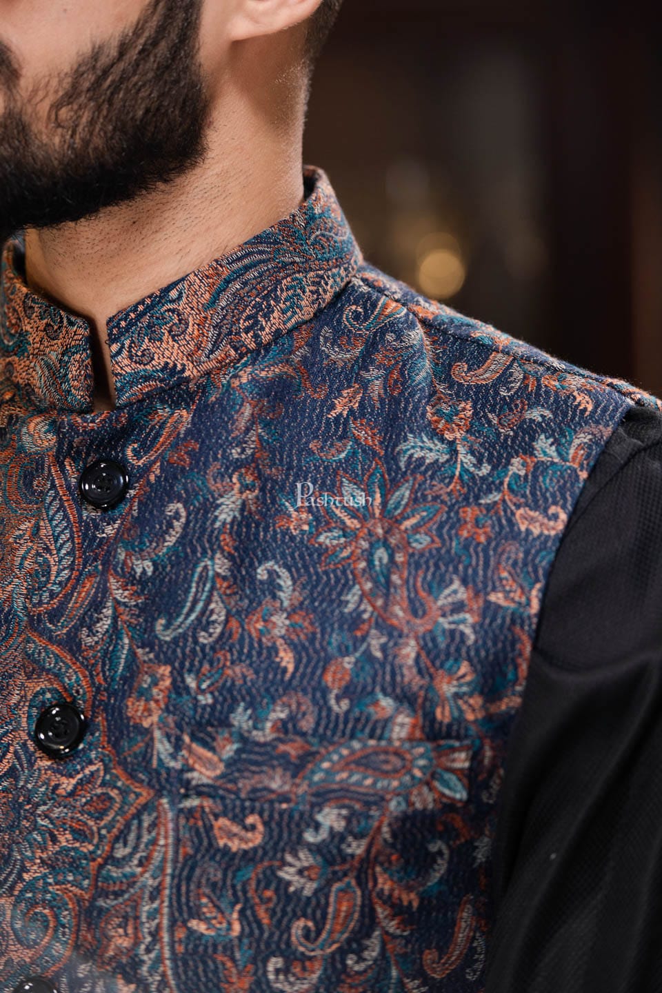 PASHTUSH MENS WOVEN JACQUARD WAISTCOAT, Structured SLIM FIT, Navy Blue - Image 2
