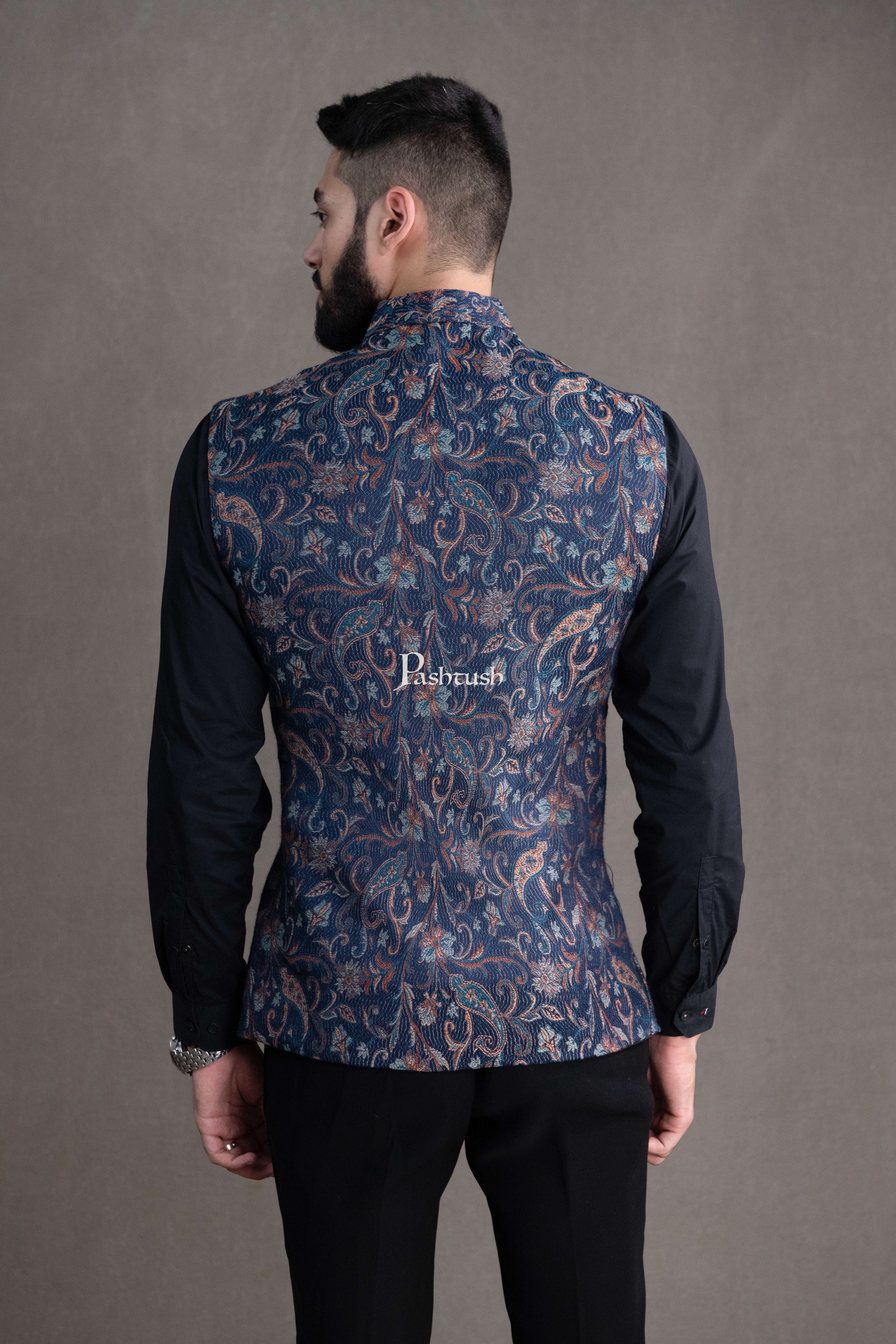 PASHTUSH MENS WOVEN JACQUARD WAISTCOAT, STRUCTURED SLIM FIT, NAVY BLUE - Image 4