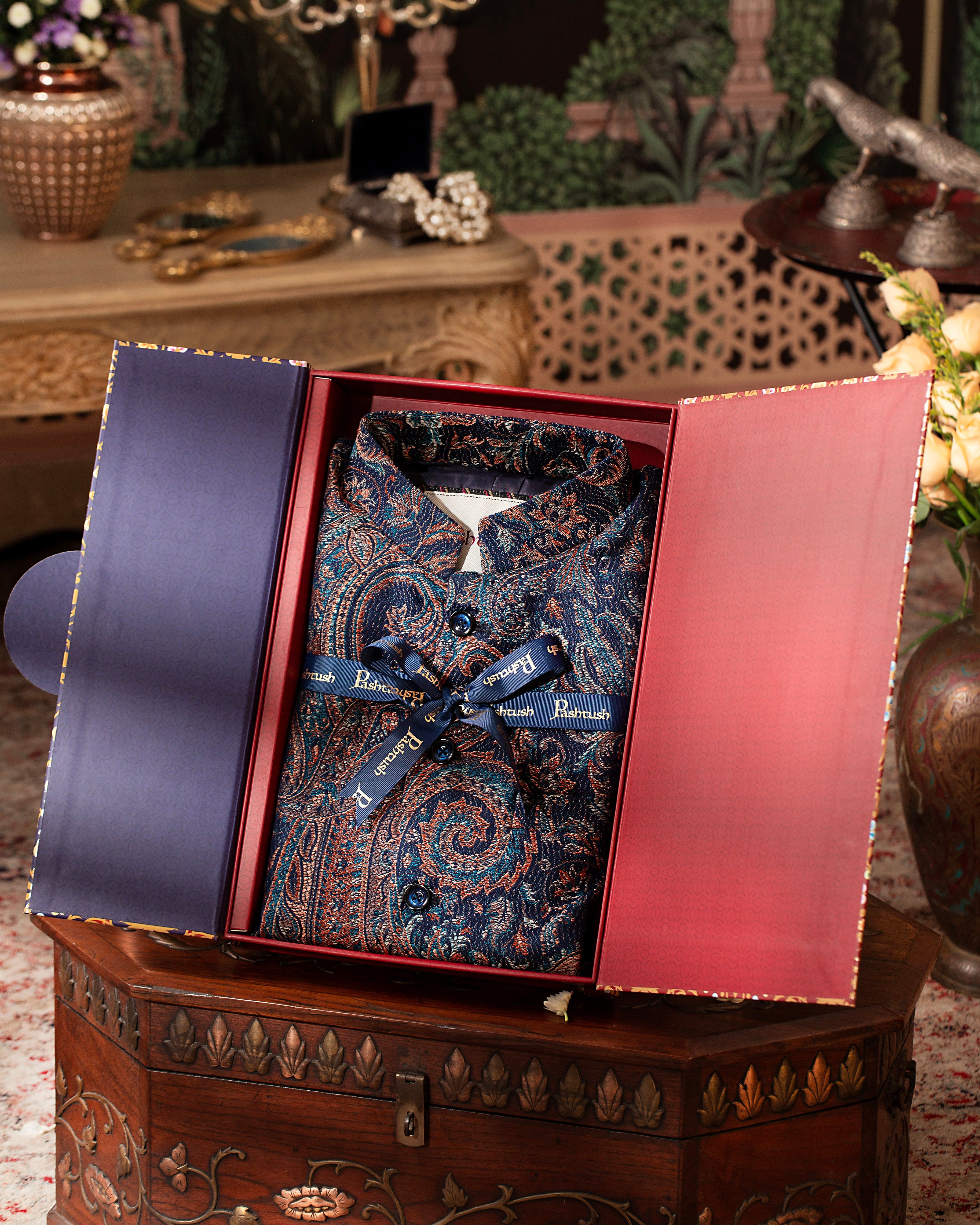 PASHTUSH MENS WOVEN JACQUARD WAISTCOAT, Structured SLIM FIT, Navy Blue