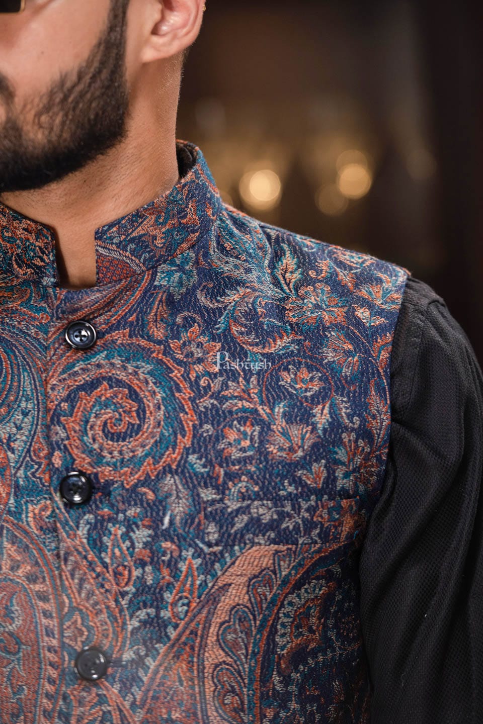 PASHTUSH MENS WOVEN JACQUARD WAISTCOAT, Structured SLIM FIT, Navy Blue - Image 2