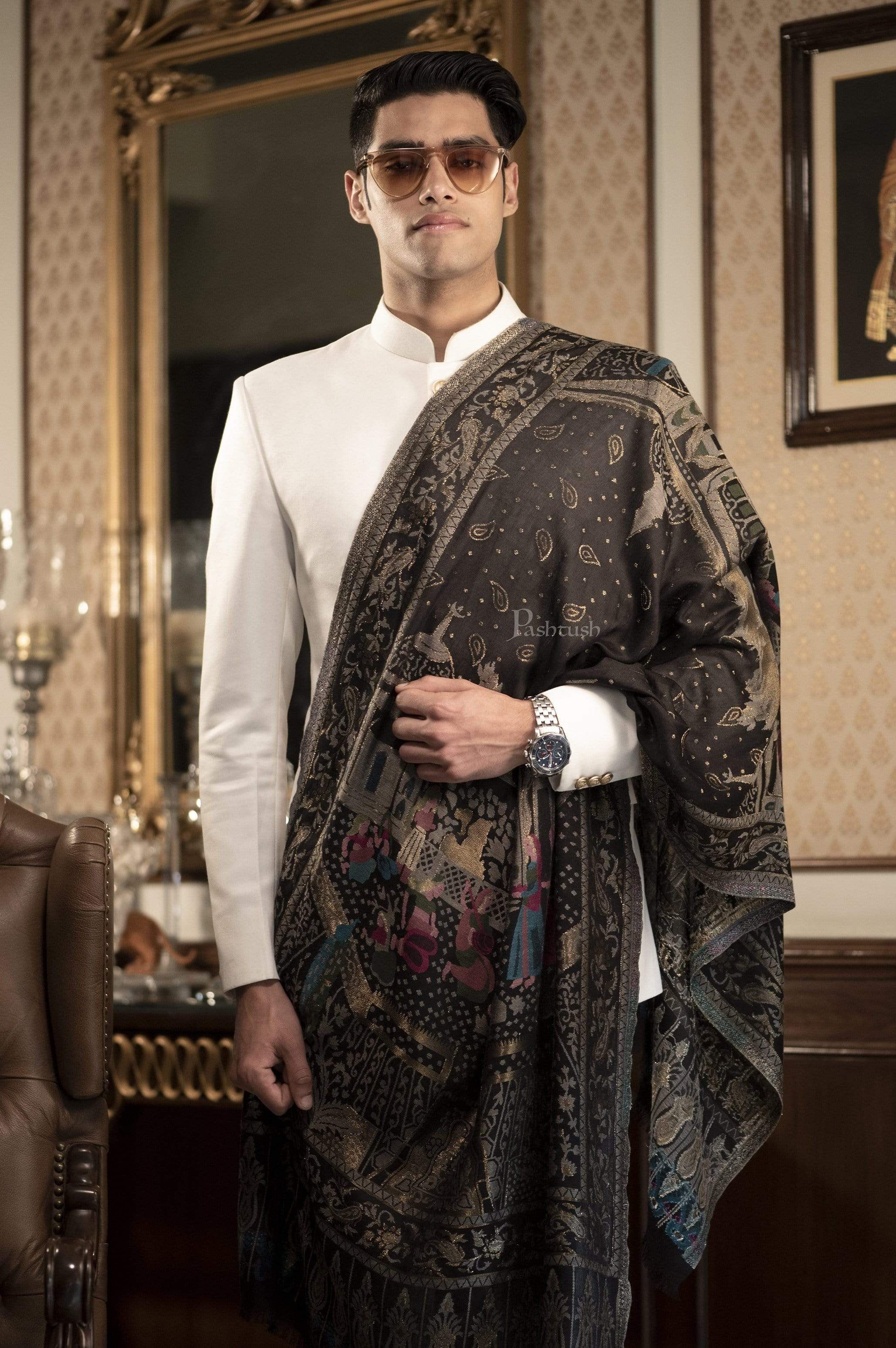 Pashtush Mens, Woven Mughal Darbar Stole, With Golden Zari Weave - Image 3
