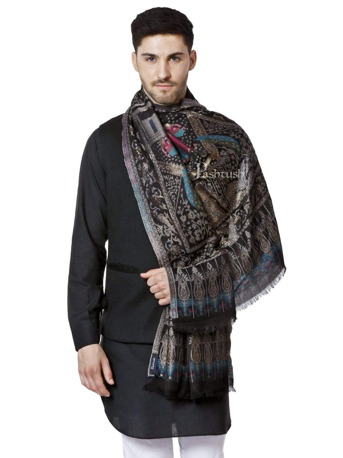 Pashtush Mens, Woven Mughal Darbar Stole, With Golden Zari Weave (Twilight)