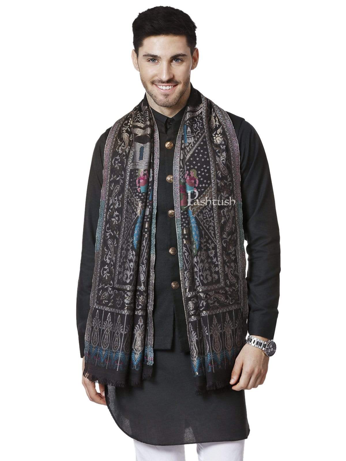 Pashtush Mens, Woven Mughal Darbar Stole, With Golden Zari Weave (Twilight) - Image 2