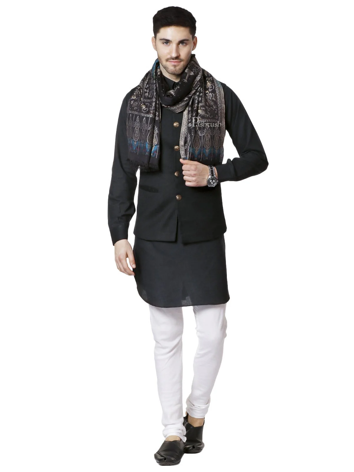 Pashtush Mens, Woven Mughal Darbar Stole, With Golden Zari Weave (Twilight) - Image 5